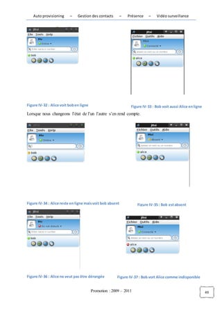 Auto provisioning      –    Gestion des contacts        –   Présence   –    Vidéo surveillance




Figure IV-32 : Alice voit bob en ligne                          Figure IV-33 : Bob voit aussi Alice en ligne
Lorsque nous changeons l’état de l’un l’autre s’en rend compte.




Figure IV-34 : Alice reste en ligne mais voit bob absent           Figure IV-35 : Bob est absent




Figure IV-36 : Alice ne veut pas être dérangée         Figure IV-37 : Bob voit Alice comme indisponible


                                         Promotion : 2009 – 2011                                               49
 