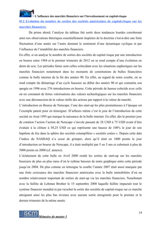 L’influence des marchés financiers sur l’investissement en capital-risque
II-2 Evolution du nombre de sorties des sociétés américaines de capital-risque sur les
marchés financiers:
       De prime abord, l’analyse du tableau fait sortir deux tendances lourdes corroborant
ainsi nos observations théoriques essentiellement inspirées de la doctrine c'est-à-dire une forte
fluctuation d’une année sur l’autre donnant le sentiment d’une dynamique cyclique et par
l’influence de l’instabilité des marchés financiers.
En effet, si on analyse le nombre de sorties des sociétés de capital risque par une introduction
en bourse entre 1984 et le premier trimestre de 2012 on se rend compte d’une évolution en
dents de scie. Les périodes fastes sont celles coïncidant avec les situations euphoriques sur les
marchés financiers notamment dans les moments de constitutions de bulles financières
comme la bulle internet de la fin des années 90. En effet, au regard de notre courbe, on se
rend compte du démarrage d’un cycle haussier au début des années 90 et qui connaitra son
apogée en 1996 avec 276 introductions en bourse. Cette période de hausse coïncide avec celle
où on constatait de fortes valorisations des valeurs technologiques sur les marchés financiers
avec une déconnexion de la valeur réelle des actions par rapport à la valeur de marché.
L’introduction en Bourse de Netscape, l’une des start-up les plus prometteuses à l’époque est
l’exemple patent pour en témoigner. D’ailleurs même c’est le jour de l’introduction de cette
société en Aout 1995 qui marque la naissance de la bulle internet. En effet, dès le premier jour
de cotation l’action l’action de Netscape s’envole passant de 28 USD à 75 USD avant d’être
évaluée à la clôture à 58,25 USD ce qui représente une hausse de 108% le jour de son
baptême de feu dans la sphère des sociétés estampillées « sociétés cotées ». Depuis cette date
l’indice du NASDAQ n’a cessé de grimper, alors qu’il était en 1000 points le jour
d’introduction en bourse de Netscape, il a était multiplié par 5 en 5 ans et culminait à plus de
5000 points en 2000 (cf. annexe).
L’éclatement de cette bulle en Avril 2000 rendit les sorties de start-up sur les marchés
boursiers de plus en plus rares d’où le rythme baissier de notre graphique entre cette période
jusqu’en 2004. De plus comme en témoigne la courbe l’année 2007 était aussi marquée par
une forte croissance des marchés financiers américains avec la bulle immobilière d’où un
nombre relativement important de sorties de start-up via les marchés financiers. Nonobstant
avec la faillite de Lehman Brother le 15 septembre 2008 laquelle faillite impactait tout le
système financier mondial et par ricochet la sortie des sociétés de capital-risque sur ce marché
atteignant ainsi les plus bas niveaux avec aucune sortie enregistrée pour le premier et le
dernier trimestre de la même année.


                                                                                              14
               Mémoire de master 1
 