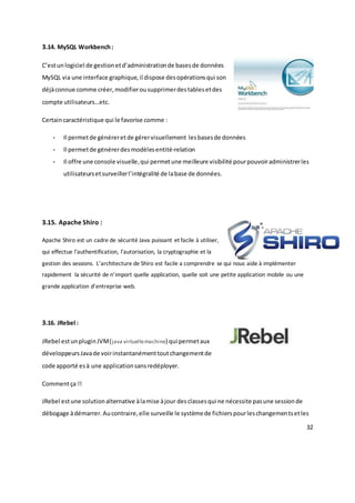 32
3.14. MySQL Workbench:
C’estunlogiciel de gestionetd’administrationde basesde données
MySQL via une interface graphique,il dispose desopérationsqui son
déjàconnue comme créer,modifierousupprimerdestablesetdes
compte utilisateurs…etc.
Certaincaractéristique qui le favorise comme :
- Il permetde généreretde gérervisuellement lesbasesde données
- Il permetde générerdesmodèlesentité-relation
- Il offre une console visuelle,qui permetune meilleure visibilité pourpouvoiradministrerles
utilisateursetsurveillerl’intégralité de labase de données.
3.15. Apache Shiro :
Apache Shiro est un cadre de sécurité Java puissant et facile à utiliser,
qui effectue l'authentification, l'autorisation, la cryptographie et la
gestion des sessions. L’architecture de Shiro est facile a comprendre se qui nous aide à implémenter
rapidement la sécurité de n’import quelle application, quelle soit une petite application mobile ou une
grande application d’entreprise web.
3.16. JRebel :
JRebel estunpluginJVM(java virtuellemachine) qui permetaux
développeursJavade voirinstantanémenttoutchangementde
code apporté esà une applicationsansredéployer.
Commentça !!
JRebel estune solutionalternative àlamise àjour desclassesqui ne nécessite pasune sessionde
débogage àdémarrer.Aucontraire,elle surveille le systèmede fichierspourleschangementsetles
 