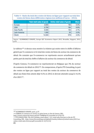  85	
  
Table	
  4	
  –	
  Ratio	
  du	
  total	
  des	
  ventes	
  de	
  biens	
  en	
  ligne	
  par	
  rapport	
  au	
  total	
  des	
  
ventes	
  de	
  biens	
  dans	
  différentes	
  régions	
  (en	
  millions	
  d’euros	
  –	
  2012).	
  
	
  
Source	
  :	
   ECOMMERCE	
   EUROPE,	
   Europe	
   B2C	
   Ecommerce	
   Report	
   2013,	
   Bruxelles,	
   Rapport,	
   2013,	
  
p.19.	
  
	
  
Le	
  tableau165	
  ci-­‐dessus	
  nous	
  montre	
  la	
  relation	
  qui	
  existe	
  entre	
  le	
  chiffre	
  d’affaires	
  
généré	
  par	
  l’e-­‐commerce	
  et	
  le	
  total	
  des	
  ventes	
  de	
  biens	
  du	
  secteur	
  du	
  commerce	
  de	
  
détail.	
   On	
   constate	
   que	
   l’e-­‐commerce	
   ne	
   représente	
   encore	
   actuellement	
   qu’une	
  
petite	
  part	
  du	
  total	
  du	
  chiffre	
  d’affaires	
  du	
  secteur	
  du	
  commerce	
  de	
  détail.	
  	
  
D’après	
  Comeos,	
  l’e-­‐commerce	
  ne	
  représenterait	
  en	
  Belgique	
  que	
  3%	
  du	
  secteur	
  
du	
  commerce	
  de	
  détail	
  en	
  2012166.	
  En	
  comparaison,	
  d’après	
  FTI	
  Consulting,	
  la	
  part	
  
des	
  ventes	
  en	
  ligne	
  par	
  rapport	
  au	
  total	
  des	
  ventes	
  du	
  secteur	
  du	
  commerce	
  de	
  
détail	
  aux	
  Etats-­‐Unis	
  atteint	
  déjà	
  9,1%	
  en	
  2012	
  et	
  devrait	
  atteindre	
  jusqu’à	
  14,1%	
  
d’ici	
  2021167.	
  
	
   	
  
	
  	
  	
  	
  	
  	
  	
  	
  	
  	
  	
  	
  	
  	
  	
  	
  	
  	
  	
  	
  	
  	
  	
  	
  	
  	
  	
  	
  	
  	
  	
  	
  	
  	
  	
  	
  	
  	
  	
  	
  	
  	
  	
  	
  	
  	
  	
  	
  	
  	
  	
  	
  	
  	
  	
  	
  
165	
  ECOMMERCE	
  EUROPE,	
  opcit.,	
  p.19.	
  
166	
  COMEOS,	
  E-­‐commerce	
  le	
  secteur	
  en	
  plein	
  boom,	
  in	
  Site	
  de	
  Comeos,	
  URL:	
  
http://www.comeos.be/menu.asp?id=7568&lng=fr	
  (consultée	
  le	
  6/10/13)	
  
167	
  FTI	
  CONSULTING,	
  The	
  2013	
  holiday	
  retail	
  report	
  –	
  U.S.	
  retail	
  sales	
  forecast,	
  in	
  Site	
  de	
  FTI	
  
Consulting,	
  URL	
  :	
  http://www.fticonsulting.com/global2/media/collateral/united-­‐states/2013-­‐us-­‐
online-­‐retail-­‐sales-­‐forecast.pdf	
  (consultée	
  le	
  12/11/13)	
  
 