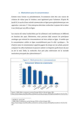  17	
  
e. Motivations	
  pour	
  le	
  consommateur	
  
	
  
Comme	
   nous	
   l’avons	
   vu	
   précédemment,	
   l’e-­‐commerce	
   doit	
   être	
   une	
   source	
   de	
  
création	
   de	
   valeur	
   pour	
   le	
   vendeur,	
   mais	
   également	
   pour	
   l’acheteur.	
   D’après	
   M.	
  
Jacob	
  D.,	
  le	
  succès	
  d’une	
  activité	
  commerciale	
  en	
  ligne	
  passe	
  généralement	
  par	
  une	
  
approche	
  «	
  win-­‐win	
  »31.	
  Une	
  entreprise	
  doit	
  donc	
  rechercher	
  à	
  ajouter	
  de	
  la	
  valeur	
  
à	
  ses	
  clients	
  par	
  son	
  offre	
  en	
  ligne.	
  
	
  
Les	
  sources	
  de	
  valeur	
  recherchées	
  par	
  les	
  acheteurs	
  sont	
  nombreuses	
  et	
  diffèrent	
  
en	
   fonction	
   des	
   pays.	
   Néanmoins,	
   nous	
   pouvons	
   déjà	
   avancer	
   les	
   principaux	
  
avantages	
  que	
  retirent	
  les	
  consommateurs	
  de	
  leurs	
  achats	
  en	
  ligne.	
  	
  Il	
  semble	
  que	
  
le	
   consommateur	
   achète	
   en	
   ligne	
   essentiellement	
   pour	
   le	
   côté	
   «	
  pratique	
  ».	
   	
   En	
  
d’autres	
  mots,	
  le	
  consommateur	
  apprécie	
  gagner	
  du	
  temps	
  sur	
  ses	
  achats,	
  pouvoir	
  
comparer	
  les	
  offres	
  facilement	
  et	
  pouvoir	
  acheter	
  à	
  n’importe	
  quelle	
  heure	
  du	
  jour	
  
ou	
   de	
   la	
   nuit.	
   Enfin,	
   la	
   recherche	
   d’un	
   prix	
   plus	
   intéressant	
   est	
   la	
   seconde	
  
motivation	
  principale	
  des	
  cyberacheteurs32.	
  
	
  
Figure	
  5	
  -­‐	
  Motivations	
  des	
  e-­‐consommateurs	
  
	
  
Source	
  :	
  DIBS,	
  Dibs	
  e-­‐commerce	
  survey	
  Europe	
  2010,	
  in	
  Site	
  de	
  Inpay,	
  URL	
  :	
  
http://www.inpay.com/files/dibs_ecommerce_survey_europe_2010.pdf	
  (consultée	
  le	
  15/11/13)	
  
	
  
	
  	
  	
  	
  	
  	
  	
  	
  	
  	
  	
  	
  	
  	
  	
  	
  	
  	
  	
  	
  	
  	
  	
  	
  	
  	
  	
  	
  	
  	
  	
  	
  	
  	
  	
  	
  	
  	
  	
  	
  	
  	
  	
  	
  	
  	
  	
  	
  	
  	
  	
  	
  	
  	
  	
  	
  
31	
  JACOB,	
  D.,	
  opcit.p.40	
  
32	
  DIBS,	
  Dibs	
  e-­‐commerce	
  survey	
  Europe	
  2010,	
  in	
  Site	
  de	
  Inpay,	
  URL	
  :	
  
http://www.inpay.com/files/dibs_ecommerce_survey_europe_2010.pdf	
  (consultée	
  le	
  15/11/13)	
  
 