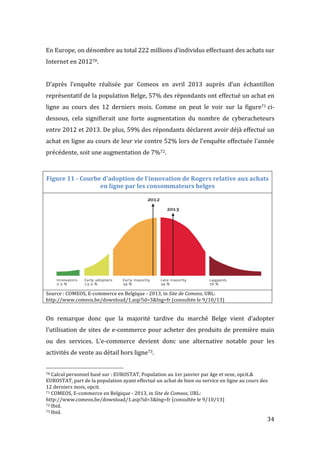   34	
  
En	
  Europe,	
  on	
  dénombre	
  au	
  total	
  222	
  millions	
  d’individus	
  effectuant	
  des	
  achats	
  sur	
  
Internet	
  en	
  201270.	
  
	
  
D’après	
   l’enquête	
   réalisée	
   par	
   Comeos	
   en	
   avril	
   2013	
   auprès	
   d’un	
   échantillon	
  
représentatif	
  de	
  la	
  population	
  Belge,	
  57%	
  des	
  répondants	
  ont	
  effectué	
  un	
  achat	
  en	
  
ligne	
   au	
   cours	
   des	
   12	
   derniers	
   mois.	
   Comme	
   on	
   peut	
   le	
   voir	
   sur	
   la	
   figure71	
  ci-­‐
dessous,	
   cela	
   signifierait	
   une	
   forte	
   augmentation	
   du	
   nombre	
   de	
   cyberacheteurs	
  
entre	
  2012	
  et	
  2013.	
  De	
  plus,	
  59%	
  des	
  répondants	
  déclarent	
  avoir	
  déjà	
  effectué	
  un	
  
achat	
  en	
  ligne	
  au	
  cours	
  de	
  leur	
  vie	
  contre	
  52%	
  lors	
  de	
  l’enquête	
  effectuée	
  l’année	
  
précédente,	
  soit	
  une	
  augmentation	
  de	
  7%72.	
  
	
  
Figure	
  11	
  -­‐	
  Courbe	
  d'adoption	
  de	
  l'innovation	
  de	
  Rogers	
  relative	
  aux	
  achats	
  
en	
  ligne	
  par	
  les	
  consommateurs	
  belges	
  
Source	
  :	
  COMEOS,	
  E-­‐commerce	
  en	
  Belgique	
  -­‐	
  2013,	
  in	
  Site	
  de	
  Comeos,	
  URL:	
  
http://www.comeos.be/download/1.asp?id=3&lng=fr	
  (consultée	
  le	
  9/10/13)	
  
	
  
On	
   remarque	
   donc	
   que	
   la	
   majorité	
   tardive	
   du	
   marché	
   Belge	
   vient	
   d’adopter	
  
l’utilisation	
  de	
  sites	
  de	
  e-­‐commerce	
  pour	
  acheter	
  des	
  produits	
  de	
  première	
  main	
  
ou	
   des	
   services.	
   L’e-­‐commerce	
   devient	
   donc	
   une	
   alternative	
   notable	
   pour	
   les	
  
activités	
  de	
  vente	
  au	
  détail	
  hors	
  ligne73.	
   	
  
	
  	
  	
  	
  	
  	
  	
  	
  	
  	
  	
  	
  	
  	
  	
  	
  	
  	
  	
  	
  	
  	
  	
  	
  	
  	
  	
  	
  	
  	
  	
  	
  	
  	
  	
  	
  	
  	
  	
  	
  	
  	
  	
  	
  	
  	
  	
  	
  	
  	
  	
  	
  	
  	
  	
  	
  
70	
  Calcul	
  personnel	
  basé	
  sur	
  :	
  EUROSTAT,	
  Population	
  au	
  1er	
  janvier	
  par	
  âge	
  et	
  sexe,	
  opcit.&	
  
EUROSTAT,	
  part	
  de	
  la	
  population	
  ayant	
  effectué	
  un	
  achat	
  de	
  bien	
  ou	
  service	
  en	
  ligne	
  au	
  cours	
  des	
  
12	
  derniers	
  mois,	
  opcit.	
  
71	
  COMEOS,	
  E-­‐commerce	
  en	
  Belgique	
  -­‐	
  2013,	
  in	
  Site	
  de	
  Comeos,	
  URL:	
  	
  
http://www.comeos.be/download/1.asp?id=3&lng=fr	
  (consultée	
  le	
  9/10/13)	
  
72	
  Ibid.	
  
73	
  Ibid.	
  
 