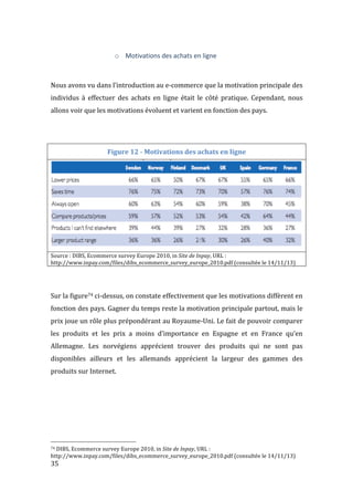 35	
  
o Motivations	
  des	
  achats	
  en	
  ligne	
  
	
  
	
  
Nous	
  avons	
  vu	
  dans	
  l’introduction	
  au	
  e-­‐commerce	
  que	
  la	
  motivation	
  principale	
  des	
  
individus	
   à	
   effectuer	
   des	
   achats	
   en	
   ligne	
   était	
   le	
   côté	
   pratique.	
   Cependant,	
   nous	
  
allons	
  voir	
  que	
  les	
  motivations	
  évoluent	
  et	
  varient	
  en	
  fonction	
  des	
  pays.	
  
	
  
	
  
Figure	
  12	
  -­‐	
  Motivations	
  des	
  achats	
  en	
  ligne	
  
	
  
Source	
  :	
  DIBS,	
  Ecommerce	
  survey	
  Europe	
  2010,	
  in	
  Site	
  de	
  Inpay,	
  URL	
  :	
  
http://www.inpay.com/files/dibs_ecommerce_survey_europe_2010.pdf	
  (consultée	
  le	
  14/11/13)	
  
	
  
	
  
Sur	
  la	
  figure74	
  ci-­‐dessus,	
  on	
  constate	
  effectivement	
  que	
  les	
  motivations	
  diffèrent	
  en	
  
fonction	
  des	
  pays.	
  Gagner	
  du	
  temps	
  reste	
  la	
  motivation	
  principale	
  partout,	
  mais	
  le	
  
prix	
  joue	
  un	
  rôle	
  plus	
  prépondérant	
  au	
  Royaume-­‐Uni.	
  Le	
  fait	
  de	
  pouvoir	
  comparer	
  
les	
   produits	
   et	
   les	
   prix	
   a	
   moins	
   d’importance	
   en	
   Espagne	
   et	
   en	
   France	
   qu’en	
  
Allemagne.	
   Les	
   norvégiens	
   apprécient	
   trouver	
   des	
   produits	
   qui	
   ne	
   sont	
   pas	
  
disponibles	
   ailleurs	
   et	
   les	
   allemands	
   apprécient	
   la	
   largeur	
   des	
   gammes	
   des	
  
produits	
  sur	
  Internet.	
  
	
  
	
  
	
  
	
  	
  	
  	
  	
  	
  	
  	
  	
  	
  	
  	
  	
  	
  	
  	
  	
  	
  	
  	
  	
  	
  	
  	
  	
  	
  	
  	
  	
  	
  	
  	
  	
  	
  	
  	
  	
  	
  	
  	
  	
  	
  	
  	
  	
  	
  	
  	
  	
  	
  	
  	
  	
  	
  	
  	
  
74	
  DIBS,	
  Ecommerce	
  survey	
  Europe	
  2010,	
  in	
  Site	
  de	
  Inpay,	
  URL	
  :	
  
http://www.inpay.com/files/dibs_ecommerce_survey_europe_2010.pdf	
  (consultée	
  le	
  14/11/13)	
  
 