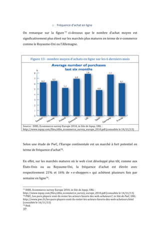  37	
  
o Fréquence	
  d’achat	
  en	
  ligne	
  
	
  
On	
   remarque	
   sur	
   la	
   figure 77 	
  ci-­‐dessous	
   que	
   le	
   nombre	
   d’achat	
   moyen	
   est	
  
significativement	
  plus	
  élevé	
  sur	
  les	
  marchés	
  plus	
  matures	
  en	
  terme	
  de	
  e-­‐commerce	
  
comme	
  le	
  Royaume-­‐Uni	
  ou	
  l’Allemagne.	
  
	
  
	
  
Figure	
  13	
  -­‐	
  nombre	
  moyen	
  d'achats	
  en	
  ligne	
  sur	
  les	
  6	
  derniers	
  mois	
  
	
  
Source	
  :	
  DIBS,	
  Ecommerce	
  survey	
  Europe	
  2010,	
  in	
  Site	
  de	
  Inpay,	
  URL	
  :	
  
http://www.inpay.com/files/dibs_ecommerce_survey_europe_2010.pdf	
  (consultée	
  le	
  14/11/13)	
  
	
  
	
  
Selon	
  une	
  étude	
  de	
  PwC,	
  l’Europe	
  continentale	
  est	
  un	
  marché	
  à	
  fort	
  potentiel	
  en	
  
terme	
  de	
  fréquence	
  d’achat78.	
  
	
  
En	
  effet,	
  sur	
  les	
  marchés	
  matures	
  où	
  le	
  web	
  s’est	
  développé	
  plus	
  tôt,	
  comme	
  aux	
  
États-­‐Unis	
   ou	
   au	
   Royaume-­‐Uni,	
   la	
   fréquence	
   d’achat	
   est	
   élevée	
   avec	
  
respectivement	
   21%	
   et	
   16%	
   de	
   «	
  e-­‐shoppers	
  »	
   qui	
   achètent	
   plusieurs	
   fois	
   par	
  
semaine	
  en	
  ligne79.	
  
	
  	
  	
  	
  	
  	
  	
  	
  	
  	
  	
  	
  	
  	
  	
  	
  	
  	
  	
  	
  	
  	
  	
  	
  	
  	
  	
  	
  	
  	
  	
  	
  	
  	
  	
  	
  	
  	
  	
  	
  	
  	
  	
  	
  	
  	
  	
  	
  	
  	
  	
  	
  	
  	
  	
  	
  
77	
  DIBS,	
  Ecommerce	
  survey	
  Europe	
  2010,	
  in	
  Site	
  de	
  Inpay,	
  URL	
  :	
  
http://www.inpay.com/files/dibs_ecommerce_survey_europe_2010.pdf	
  (consultée	
  le	
  14/11/13)	
  
78	
  PWC,	
  Les	
  pure	
  players	
  vont-­‐ils	
  rester	
  les	
  acteurs	
  favoris	
  des	
  web-­‐acheteurs?,	
  in	
  Site	
  de	
  PwC,	
  URL:	
  
http://www.pwc.fr/les-­‐pure-­‐players-­‐vont-­‐ils-­‐rester-­‐les-­‐acteurs-­‐favoris-­‐des-­‐web-­‐acheteurs.html	
  
(consultée	
  le	
  16/11/13)	
  
79	
  Ibid.	
  
 