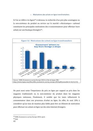  43	
  
o Motivations	
  des	
  achats	
  en	
  ligne	
  transfrontaliers	
  
	
  
Si	
  l’on	
  se	
  réfère	
  à	
  la	
  figure93	
  ci-­‐dessous,	
  la	
  recherche	
  d’un	
  prix	
  plus	
  avantageux	
  ou	
  
la	
   non-­‐existence	
   du	
   produit	
   ou	
   service	
   sur	
   le	
   marché	
   «	
  électronique	
  »	
   national	
  
constituent	
  les	
  principales	
  motivations	
  des	
  e-­‐consommateurs	
  pour	
  effectuer	
  leurs	
  
achats	
  sur	
  une	
  boutique	
  étrangère94.	
  
	
  
	
  
Figure	
  16	
  -­‐	
  Motivations	
  des	
  achats	
  en	
  ligne	
  transfrontaliers	
  
	
  
Source	
  :	
  DIBS,	
  Ecommerce	
  survey	
  Europe	
  2010,	
  in	
  Site	
  de	
  Inpay,	
  URL	
  :	
  
http://www.inpay.com/files/dibs_ecommerce_survey_europe_2010.pdf	
  (consultée	
  le	
  14/11/13)	
  
	
  
	
  
On	
   peut	
   aussi	
   noter	
   l’importance	
   du	
   prix	
   en	
   ligne	
   par	
   rapport	
   au	
   prix	
   dans	
   les	
  
magasins	
   traditionnels	
   ou	
   la	
   non-­‐existence	
   du	
   produit	
   dans	
   les	
   magasins	
  
physiques	
   nationaux.	
   Finalement,	
   il	
   semble	
   que	
   les	
   taxes	
   influencent	
   le	
  
consommateur	
   dans	
   son	
   processus	
   d’achat	
   en	
   ligne.	
   En	
   effet,	
   ils	
   sont	
   10%	
   à	
  
considérer	
  qu’un	
  taux	
  de	
  taxation	
  plus	
  faible	
  peut	
  être	
  un	
  élément	
  de	
  motivation	
  
pour	
  effectuer	
  ses	
  achats	
  en	
  ligne	
  sur	
  des	
  sites	
  Internet	
  étrangers.	
   	
  
	
  	
  	
  	
  	
  	
  	
  	
  	
  	
  	
  	
  	
  	
  	
  	
  	
  	
  	
  	
  	
  	
  	
  	
  	
  	
  	
  	
  	
  	
  	
  	
  	
  	
  	
  	
  	
  	
  	
  	
  	
  	
  	
  	
  	
  	
  	
  	
  	
  	
  	
  	
  	
  	
  	
  	
  
93	
  DIBS,	
  Ecommerce	
  survey	
  Europe	
  2010,	
  opcit.	
  
94	
  Ibid.	
  
 