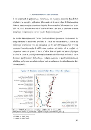   46	
  
o Comportement	
  du	
  consommateur	
  
	
  
Il	
   est	
   important	
   de	
   préciser	
   que	
   l’internaute	
   est	
   rarement	
   connecté	
   dans	
   le	
   but	
  
d’acheter.	
   La	
   première	
   utilisation	
   d’Internet	
   est	
   de	
   rechercher	
   de	
   l’information.	
  
Internet	
  n’est	
  donc	
  pas	
  qu’un	
  canal	
  de	
  prise	
  de	
  commande	
  d’achat	
  mais	
  il	
  est	
  avant	
  
tout	
   un	
   canal	
   d’information	
   et	
   de	
   communication.	
   Dès	
   lors,	
   il	
   convient	
   de	
   tenir	
  
compte	
  du	
  comportement	
  «	
  cross-­‐canal	
  »	
  du	
  consommateur100.	
  
	
  
Le	
  modèle	
  ROPO	
  (Research	
  Online	
  Purchase	
  Offline)	
  permet	
  de	
  tenir	
  compte	
  du	
  
comportement	
   de	
   recherche	
   préalable	
   à	
   l’achat	
   du	
   consommateur.	
   En	
   effet,	
   de	
  
nombreux	
   internautes	
   vont	
   se	
   renseigner	
   sur	
   les	
   caractéristiques	
   d’un	
   produit,	
  
comparer	
   les	
   prix	
   auprès	
   de	
   différentes	
   enseignes	
   et	
   vérifier	
   où	
   le	
   produit	
   est	
  
disponible	
   avant	
   de	
   passer	
   à	
   l’acte	
   d’achat	
   dans	
   un	
   point	
   de	
   vente	
   physique.	
  
D’après	
  M.	
  Jacob	
  D.,	
  ce	
  comportement	
  devrait	
  vraisemblablement	
  évoluer	
  au	
  fur	
  et	
  
à	
  mesure	
  que	
  le	
  nombre	
  de	
  boutiques	
  en	
  ligne	
  augmente	
  et	
  que	
  le	
  consommateur	
  
s’habitue	
  à	
  effectuer	
  ses	
  achats	
  en	
  ligne	
  mais	
  actuellement,	
  il	
  est	
  fondamental	
  d’en	
  
tenir	
  compte101.	
  
	
  
Figure	
  18	
  -­‐	
  Produits	
  faisant	
  l'objet	
  d'une	
  recherche	
  en	
  ligne	
  
	
  
Source	
  :	
  COMEOS,	
  E-­‐commerce	
  en	
  Belgique	
  -­‐	
  2013,	
  in	
  Site	
  de	
  Comeos,	
  URL:	
  	
  	
  
http://www.comeos.be/download/1.asp?id=3&lng=fr	
  (consultée	
  le	
  9/10/13)	
  
	
  	
  	
  	
  	
  	
  	
  	
  	
  	
  	
  	
  	
  	
  	
  	
  	
  	
  	
  	
  	
  	
  	
  	
  	
  	
  	
  	
  	
  	
  	
  	
  	
  	
  	
  	
  	
  	
  	
  	
  	
  	
  	
  	
  	
  	
  	
  	
  	
  	
  	
  	
  	
  	
  	
  	
  
100	
  JACOB,	
  D.,	
  opcit.	
  p.26	
  
101	
  JACOB,	
  D.,	
  opcit.	
  p.29	
  
 