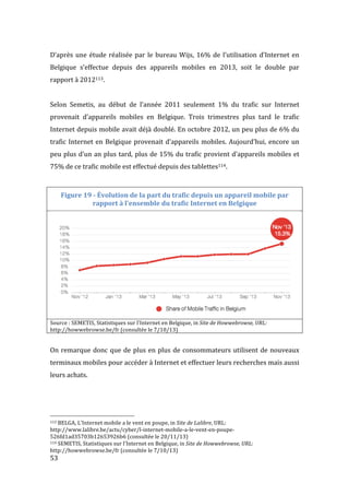 53	
  
D’après	
  une	
  étude	
  réalisée	
  par	
  le	
  bureau	
  Wijs,	
  16%	
  de	
  l’utilisation	
  d’Internet	
  en	
  
Belgique	
   s’effectue	
   depuis	
   des	
   appareils	
   mobiles	
   en	
   2013,	
   soit	
   le	
   double	
   par	
  
rapport	
  à	
  2012113.	
  	
  	
  
	
  
Selon	
   Semetis,	
   au	
   début	
   de	
   l’année	
   2011	
   seulement	
   1%	
   du	
   trafic	
   sur	
   Internet	
  
provenait	
   d’appareils	
   mobiles	
   en	
   Belgique.	
   Trois	
   trimestres	
   plus	
   tard	
   le	
   trafic	
  
Internet	
  depuis	
  mobile	
  avait	
  déjà	
  doublé.	
  En	
  octobre	
  2012,	
  un	
  peu	
  plus	
  de	
  6%	
  du	
  
trafic	
  Internet	
  en	
  Belgique	
  provenait	
  d’appareils	
  mobiles.	
  Aujourd’hui,	
  encore	
  un	
  
peu	
  plus	
  d’un	
  an	
  plus	
  tard,	
  plus	
  de	
  15%	
  du	
  trafic	
  provient	
  d’appareils	
  mobiles	
  et	
  
75%	
  de	
  ce	
  trafic	
  mobile	
  est	
  effectué	
  depuis	
  des	
  tablettes114.	
  
	
  
Figure	
  19	
  -­‐	
  Évolution	
  de	
  la	
  part	
  du	
  trafic	
  depuis	
  un	
  appareil	
  mobile	
  par	
  
rapport	
  à	
  l'ensemble	
  du	
  trafic	
  Internet	
  en	
  Belgique	
  
	
  
Source	
  :	
  SEMETIS,	
  Statistiques	
  sur	
  l'Internet	
  en	
  Belgique,	
  in	
  Site	
  de	
  Howwebrowse,	
  URL:	
  
http://howwebrowse.be/fr	
  (consultée	
  le	
  7/10/13)	
  
	
  
On	
  remarque	
  donc	
  que	
  de	
  plus	
  en	
  plus	
  de	
  consommateurs	
  utilisent	
  de	
  nouveaux	
  
terminaux	
  mobiles	
  pour	
  accéder	
  à	
  Internet	
  et	
  effectuer	
  leurs	
  recherches	
  mais	
  aussi	
  
leurs	
  achats.	
  	
  
	
  
	
  	
  	
  	
  	
  	
  	
  	
  	
  	
  	
  	
  	
  	
  	
  	
  	
  	
  	
  	
  	
  	
  	
  	
  	
  	
  	
  	
  	
  	
  	
  	
  	
  	
  	
  	
  	
  	
  	
  	
  	
  	
  	
  	
  	
  	
  	
  	
  	
  	
  	
  	
  	
  	
  	
  	
  
113	
  BELGA,	
  L’Internet	
  mobile	
  a	
  le	
  vent	
  en	
  poupe,	
  in	
  Site	
  de	
  Lalibre,	
  URL:	
  
http://www.lalibre.be/actu/cyber/l-­‐internet-­‐mobile-­‐a-­‐le-­‐vent-­‐en-­‐poupe-­‐
526fd1ad35703b12653926b6	
  (consultée	
  le	
  20/11/13)	
  
114	
  SEMETIS,	
  Statistiques	
  sur	
  l'Internet	
  en	
  Belgique,	
  in	
  Site	
  de	
  Howwebrowse,	
  URL:	
  
http://howwebrowse.be/fr	
  (consultée	
  le	
  7/10/13)	
  
 
