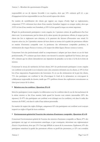 Annexe 1 – Résultats des questionnaires d’enquête
Annexe 1    Page 5 sur 10 
responsabilité en cas de réponse favorable à ces requêtes, alors que 14% estiment qu’il n’y a pas
d’engagement de leur responsabilité en cas d’un accord express des clients.
En matière de sensibilisation des clients par rapport aux risques d’ordre légal ou réglementaire,
uniquement 37.5% informent leur client d’une manière formalisée (rapport ou compte rendu), alors que
12.5% le font d’une manière non formalisée, et 50% le font quand le risque est estimé important.
D’après les professionnels participants à notre enquête, les 3 premiers critères de qualification d’un bon
client sont : la reconnaissance par les clients de la valeur ajoutée des prestations offertes, le respect par les
clients des lois et règlements sans réticence, et le paiement des factures d’honoraires sans retard. Et
toujours selon eux, les 3 premières attentes de leurs clients en termes de la qualité des prestations offertes
en matière d’assistance comptable sont : la pertinence des informations comptables produites, la
minimisation des risques fiscaux et sociaux, et le respect des délais légaux (fiscaux sociaux et autres).
Concernant l’avis des professionnels relatif au comportement à adopter par leurs clients en cas de faute
professionnelle, 57% estiment que leurs clients vont mesurer le caractère significatif de l’erreur, alors que
43% estiment que les clients demanderont une réparation du préjudice ou la mise à la fin de la lettre de
mission.
Concernant le niveau de satisfaction de leurs clients, 66% les professionnels participant à notre enquête
ont confirmé avoir procédé à son évaluation suite à des entretiens informels avec les clients, et 33% le font
lors d’une négociation d’augmentation des honoraires. Et en cas des réclamations de la part des clients,
71% des participant ont confirmé le fait d’investiguer le fond de la réclamation en convoquant le
collaborateur responsable du dossier, tandis que 57% préférent donner des explications convaincantes au
client pour essayer de le calmer.
 Relation avec les confrères : Questions 39 à 41
Selon les participants à notre enquête, la collaboration avec les confrères dans le cas de chevauchement de
la même mission se fait d’une manière facile quand les besoins sont estimés raisonnables (85% des
réponses). Et 87% des participants ont confirmé avoir échangé avec les confrères, soit dans le cadre des
instances de l’OEC, soit dans le cadre d’une relation personnelle.
En matière de respect des règles d’éthique, uniquement 62% des participants ont confirmé avoir toujours
respecté ces règles à l’égard de leurs confrères.
 Environnement général de l’exercice des missions d’assistance comptable : Questions 42 à 45
Concernant l’environnement général de l’exercice des missions d’assistance comptable au Maroc, 87% des
participants ont jugé cet environnement anarchique, et par conséquent, nécessitant une réglementation
d’accès à la profession, alors que 13% l’ont jugé difficile en raison de la concurrence. Egalement, 63% des
participants rattachent la qualité des prestations offertes au profil des prestataires, et 12% ont considéré
 