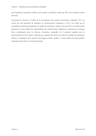 Annexe 1 – Résultats des questionnaires d’enquête
Annexe 1    Page 6 sur 10 
que la qualité des prestations offertes sur le marché est médiocre, tandis que 25% l’ont considéré comme
mauvaise.
Concernant la nécessité et l’utilité de la normalisation des missions d’assistance comptable, 75% ont
estimé que cela permettra de distinguer les professionnels compétents, et 62% ont estimé que la
normalisation permettra d’augmenter la qualité des prestations offertes, alors que 50% ont estimé qu’elle
permettra de mieux définir les responsabilités des professionnels. Egalement, concernant les avantages
d’une normalisation pour les missions d’assistance comptable, les 3 premiers exprimés par les
professionnels sont les suivants : répondre aux exigences des clients en termes de la qualité des prestations
offertes ; se distinguer sur le marché et développer un label « qualité » ; et mieux définir les responsabilités
réciproques (des clients et des professionnels).
 