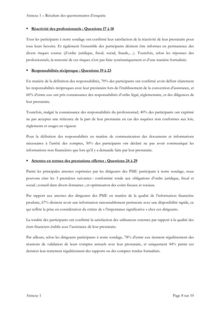 Annexe 1 – Résultats des questionnaires d’enquête
Annexe 1    Page 8 sur 10 
 Réactivité des professionnels : Questions 17 à 18
Tous les participants à notre sondage ont confirmé leur satisfaction de la réactivité de leur prestataire pour
tous leurs besoins. Et également l’ensemble des participants désirent être informer en permanence des
divers risques courus (d’ordre juridique, fiscal, social, fraude,…). Toutefois, selon les réponses des
professionnels, la remonté de ces risques n’est pas faite systématiquement et d’une manière formalisée.
 Responsabilités réciproque : Questions 19 à 23
En matière de la définition des responsabilités, 70% des participants ont confirmé avoir définir clairement
les responsabilités réciproques avec leur prestataire lors de l’établissement de la convention d’assistance, et
60% d’entre eux ont pris connaissance des responsabilités d’ordre légal, réglementaire, et des diligences de
leur prestataire.
Toutefois, malgré la connaissance des responsabilités du professionnel, 40% des participants ont exprimé
ne pas accepter une réticence de la part de leur prestataire en cas des requêtes non conformes aux lois,
règlements et usages en vigueur.
Pour la définition des responsabilités en matière de communication des documents et informations
nécessaires à l’arrêté des comptes, 50% des participants ont déclaré ne pas avoir communiqué les
informations non financières que lors qu’il y a demande faite par leur prestataire.
 Attentes en termes des prestations offertes : Questions 24 à 29
Parmi les principales attentes exprimées par les dirigeants des PME participant à notre sondage, nous
pouvons citer les 3 premières suivantes : conformité totale aux obligations d’ordre juridique, fiscal et
social ; conseil dans divers domaines ; et optimisation des coûts fiscaux et sociaux.
Par rapport aux attentes des dirigeants des PME en matière de la qualité de l’information financière
produite, 67% désirent avoir une information raisonnablement pertinente avec une disponibilité rapide, ce
qui reflète la prise en considération du critère de « l’importance significative » chez ces dirigeants.
La totalité des participants ont confirmé la satisfaction des utilisateurs externes par rapport à la qualité des
états financiers établis avec l’assistance de leur prestataire.
Par ailleurs, selon les dirigeants participants à notre sondage, 78% d’entre eux tiennent régulièrement des
réunions de validation de leurs comptes annuels avec leur prestataire, et uniquement 44% parmi ces
derniers leur remettent régulièrement des rapports ou des comptes rendus formalisés.
 