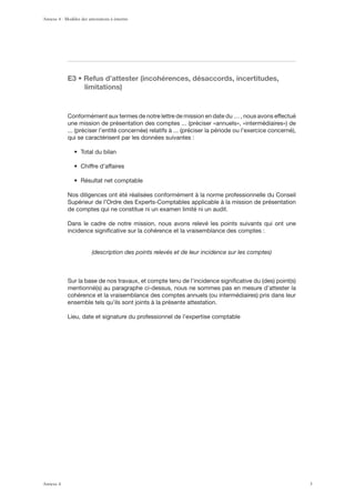 , ‹ 9LMZ K»H[[LZ[LY PUJVOtYLUJLZ KtZHJJVYKZ PUJLY[P[KLZ
limitations)
Conformément aux termes de notre lettre de mission en date du … , nous avons effectué
qui se caractérisent par les données suivantes :
Nos diligences ont été réalisées conformément à la norme professionnelle du Conseil
Supérieur de l’Ordre des Experts-Comptables applicable à la mission de présentation
de comptes qui ne constitue ni un examen limité ni un audit.
Dans le cadre de notre mission, nous avons relevé les points suivants qui ont une
incidence signiﬁcative sur la cohérence et la vraisemblance des comptes :
(description des points relevés et de leur incidence sur les comptes)
ensemble tels qu’ils sont joints à la présente attestation.
Lieu, date et signature du professionnel de l’expertise comptable
Annexe 4 - Modèles des attestations à émettre
Annexe 4 3
 