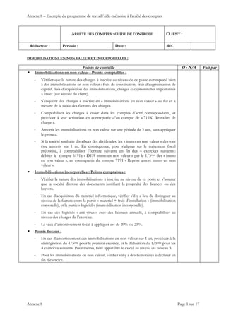 Annexe 8 – Exemple du programme de travail/aide-mémoire à l’arrêté des comptes
ARRETE DES COMPTES : GUIDE DE CONTROLE CLIENT :
Rédacteur : Période : Date : Réf.
 
 
 
Annexe 8 Page 1 sur 17
IMMOBILISATIONS EN NON VALEUR ET INCORPORELLES :
Points de contrôle O - N/A Fait par
 Immobilisations en non valeur : Points comptables :
‐ Vérifier que la nature des charges à inscrire au niveau de ce poste correspond bien
à des immobilisations en non valeur : frais de constitution, frais d’augmentation de
capital, frais d’acquisition des immobilisations, charges exceptionnelles importantes
à étaler (sur accord du client).
‐ S’enquérir des charges à inscrire en « immobilisations en non valeur » au fur et à
mesure de la saisie des factures des charges.
‐ Comptabiliser les charges à étaler dans les comptes d’actif correspondants, et
procéder à leur activation en contrepartie d’un compte de « 719X. Transfert de
charge ».
‐ Amortir les immobilisations en non valeur sur une période de 5 ans, sans appliquer
le prorata.
‐ Si la société souhaite distribuer des dividendes, les « immo en non valeur » devront
être amortis sur 1 an. En conséquence, pour s’aligner sur le traitement fiscal
préconisé, à comptabiliser l’écriture suivante en fin des 4 exercices suivants :
débiter le compte 6191x « DEA immo en non valeur » par le 1/5ème des « immo
en non valeur », en contrepartie du compte 7191 « Reprise amort immo en non
valeur ».
 Immobilisations incorporelles : Points comptables :
‐ Vérifier la nature des immobilisations à inscrire au niveau de ce poste et s’assurer
que la société dispose des documents justifiant la propriété des licences ou des
brevets.
‐ En cas d’acquisition du matériel informatique, vérifier s’il y a lieu de distinguer au
niveau de la facture entre la partie « matériel + frais d’installation » (immobilisation
corporelle), et la partie « logiciel » (immobilisation incorporelle).
‐ En cas des logiciels « anti-virus » avec des licences annuels, à comptabiliser au
niveau des charges de l’exercice.
‐ Le taux d’amortissement fiscal à appliquer est de 20% ou 25%.
 Points fiscaux :
‐ En cas d’amortissement des immobilisations en non valeur sur 1 an, procéder à la
réintégration du 4/5ème pour le premier exercice, et la déduction du 1/5ème pour les
4 exercices suivants. Pour mémo, faire apparaître le calcul au niveau du tableau 3.
‐ Pour les immobilisations en non valeur, vérifier s’il y a des honoraires à déclarer en
fin d’exercice.
 