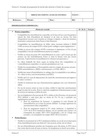 Annexe 8 – Exemple du programme de travail/aide-mémoire à l’arrêté des comptes
ARRETE DES COMPTES : GUIDE DE CONTROLE CLIENT :
Rédacteur : Période : Date : Réf.
 
 
 
Annexe 8 Page 2 sur 17
IMMOBILISATIONS CORPORELLES :
Points de contrôle O - N/A Fait par
 Points comptables :
‐ Comptabiliser les immobilisations corporelles sur la base de leur coût d’acquisition
majoré des frais d’installation de transport et de mise en service. Les frais
d’acquisitions suivants sont à inscrire en « charges à répartir » : droits de mutation,
honoraires, commissions, frais d’actes et frais financiers.
‐ Comptabiliser les immobilisations de faible valeur (montant inférieur à MAD
1.000) au niveau du compte 61253 « achats petits outillages et petit équipements ».
‐ Vérifier au niveau des comptes 6133X « entretiens et réparations » si l’on n’a pas
comptabilisé à tort des immobilisations parmi ces comptes.
‐ Vérifier au niveau du poste 239 « immobilisations en cours » qu’il n’existe pas des
avances sur des immobilisations livrées et dont la facture n’est pas encore
parvenue. A provisionner éventuellement en « factures non parvenues ».
‐ La valeur résiduelle des biens acquis en leasing devra être comptabilisée en
« immobilisations corporelles » et amortie généralement sur 1 an.
‐ Vérifier la correspondance et l’homogénéité entre les comptes des postes suivants :
22XX «immobilisation », 28XX « amortissement » et 619X « DEA ».
‐ Vérifier par nature d’immobilisation, le cadrage entre la comptabilité et les tableaux
16 : valeur en brut, total amortissement, total DEA.
‐ Vérifier qu’il n’y a pas de dépassement du cumul des amortissements par rapport à
la valeur « en brut ».
‐ Vérifier la conformité des taux d’amortissements appliqués avec ceux fiscalement
admis.
‐ En cas de cession, retrait ou mise en rebus, vérifier le calcul des amortissements
jusqu’à la date de la sortie. Pour le calcul du complément d’amortissement, la date
de cession est ramenée au début du mois.
‐ En cas d’application d’un prorata de TVA, vérifier en fin d’exercice si le prorata de
TVA définitif a varié pour plus ou moins de 5%. Si oui, à procéder aux
régularisations suivantes :
o Pour les acquisitions de l’exercice : à régulariser le coût d’entrée de
l’immobilisation sur la base du prorata définitif. A corriger également les
amortissements déjà comptabilisés.
o Pour les acquisitions jusqu’à la 5ème année antérieure : à régulariser le
1/5ème de la TVA initialement déduite, soit en « produit non courant » en
contrepartie du compte 3455 « TVA récupérable », soit en « charge non
courante » en contrepartie du compte 4458 « TVA à reverser ».
 Points fiscaux :
‐ Vérifier le reversement de la TVA initialement déduite en cas de non conservation
d’une immobilisation pour une durée de 5 ans (cession, retrait, mis en rebus).
‐ En cas d’immobilisation produite par l’entreprise pour elle-même, la TVA devra
être versée dans le mois de mise en service. La récupération se fera le mois même.
 