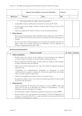 Annexe 8 – Exemple du programme de travail/aide-mémoire à l’arrêté des comptes
ARRETE DES COMPTES : GUIDE DE CONTROLE CLIENT :
Rédacteur : Période : Date : Réf.
 
 
 
Annexe 8 Page 9 sur 17
o frais d’augmentation de capital : idem que précédent.
‐ Comptabiliser l’écriture d’affectation du résultat sur la base du PV AGO.
‐ S’assurer que la réserve légale a atteint le minimum légal (10% pour la SA et 20%
pour la SARL).
‐ Classer une copie des PV AGO et AGE au niveau du dossier permanent.
 Points fiscaux :
‐ Pour les personnes physiques, faire la déclaration de la retenue à la source TPA au
plus tard avant la fin du mois suivant celui de la décision de l’AGO (inscription en
compte).
‐ Pour les personnes morales, demander une attestation de propriété des titres sur
papier en-tête de la société ayant reçu les dividendes, tout en respectant les
mentions obligatoires prévues par le CGI.
DETTES DE FINANCEMENT :
Points de contrôle O - N/A Fait par
 Points comptables :
‐ Prendre copies des contrats et des tableaux de l’amortissement des emprunts
contractés auprès des banques et les classer dans le dossier permanent.
‐ Pour les emprunts contractés auprès des tiers, à faire une feuille de calcul retraçant
le tableau d’amortissement de l’emprunt.
‐ Classer dans le dossier permanent, une copie des contrats d’emprunts contractés
auprès des tiers.
‐ Comptabiliser les remboursements périodiques en distinguant la partie
« remboursement en capital » à imputer sur l’encours du capital restant dû (compte
1481) et la partie intérêts (compte 6311).
‐ Calculer et comptabiliser les intérêts courus et non échus à payer.
‐ Extourner les intérêts courus et non échus de la période précédente, et qui ont déjà
fait l’objet d’une facturation.
 Points fiscaux :
‐ Etablir la déclaration de versement de la retenue à la source TPPRF au plus tard
avant la fin du mois de la facturation des intérêts ou éventuellement à la date
d’échéance convenue (inscription en compte).
‐ En fin d’exercice, établir la déclaration annuelle de la retenue à la source TPPRF.
‐ Pour les intérêts versés à des personnes non résidentes, s’assurer de l’application de
la retenue à la source IS de 10%, au plus tard dans les mois suivant la date de
versement ou d’inscription en compte.
 