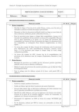 Annexe 8 – Exemple du programme de travail/aide-mémoire à l’arrêté des comptes
ARRETE DES COMPTES : GUIDE DE CONTROLE CLIENT :
Rédacteur : Période : Date : Réf.
 
 
 
Annexe 8 Page 10 sur 17
PROVISIONS POUR RISQUES ET CHARGES :
Points de contrôle O - N/A Fait par
 Points comptables :
‐ Identifier les litiges à l’encontre de la société (fiscaux, sociaux, avec des tiers), et
demander au client les montants des risques à provisionner.
‐ Demander au client les documents justificatifs relatifs aux litiges en cours (lettre de
mise en demeure, notification, procès verbal, lettre d’avocat,…).
‐ Pour les provisions pour risques et charges déjà comptabilisées, s’assurer de la
nécessité et la justification de leur maintien au niveau de la comptabilité. Discuter
avec le client l’ajustement à la hausse ou à la baisse des provisions déjà
comptabilisés (en fonction de l’état d’avancement des litiges). Cet ajustement devra
être comptabilisé, en contrepartie d’une dotation complémentaire, ou d’une
reprise.
‐ Au niveau des comptes de bilan, s’assurer de la distinction entre les provisions
pour dépréciations des actifs (immobilisations financières, créances, stocks,
titres,…), et les provisions pour risques et charges (litige en cours, charge
suffisamment probable).
‐ Au niveau des comptes de CPC, s’assurer lors de la comptabilisation des
provisions, de la distinction entre les comptes d’exploitation, financiers et non
courants.
 Points fiscaux :
‐ Réintégrer les provisions non justifiées par des documents probants (procédure
judiciaire, lettre de mise en demeure, notification).
‐ Déduire la reprise des provisions des exercices précédents, qui ont déjà fait l’objet
de réintégration fiscale.
‐ Faire le cadrage entre les tableaux suivants de la liasse : actif, passif, CPC et
tableau 9.
FOURNISSEURS ET COMPTES RATTACHES :
Points de contrôle O - N/A Fait par
 Points comptables :
‐ Lettrer les comptes auxiliaires fournisseurs.
‐ Etablir une balance âgée des dettes fournisseurs par année d’antériorité.
‐ Envoyer ladite balance âgée au client pour confirmation des dettes anciennes non
dues (à reprendre éventuellement en produit non courant).
‐ Identifier les soldes débiteurs, ainsi que les règlements sans factures (non lettrés).
S’assurer de la nature de ces montants débiteurs : avances sur commandes, ou
règlements sur « factures non parvenues » (FNP).
‐ Provisionner les règlements sur FNP au niveau du compte 4417XXXX (par
exercice).
‐ En fin d’exercice, reclasser par OD les avances sur commandes au niveau du
compte 3411.
 