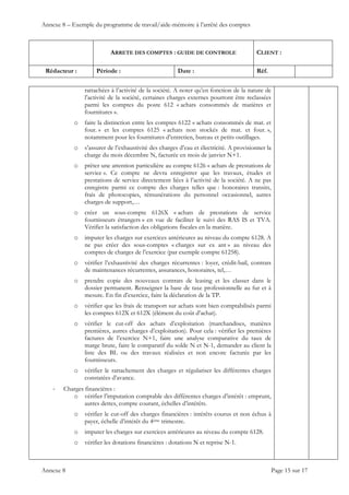 Annexe 8 – Exemple du programme de travail/aide-mémoire à l’arrêté des comptes
ARRETE DES COMPTES : GUIDE DE CONTROLE CLIENT :
Rédacteur : Période : Date : Réf.
 
 
 
Annexe 8 Page 15 sur 17
rattachées à l’activité de la société. A noter qu’en fonction de la nature de
l’activité de la société, certaines charges externes pourront être reclassées
parmi les comptes du poste 612 « achats consommés de matières et
fournitures ».
o faire la distinction entre les comptes 6122 « achats consommés de mat. et
four. » et les comptes 6125 « achats non stockés de mat. et four. »,
notamment pour les fournitures d’entretien, bureau et petits outillages.
o s’assurer de l’exhaustivité des charges d’eau et électricité. A provisionner la
charge du mois décembre N, facturée en mois de janvier N+1.
o prêter une attention particulière au compte 6126 « achats de prestations de
service ». Ce compte ne devra enregistrer que les travaux, études et
prestations de service directement liées à l’activité de la société. A ne pas
enregistre parmi ce compte des charges telles que : honoraires transits,
frais de photocopies, rémunérations du personnel occasionnel, autres
charges de support,…
o créer un sous-compte 6126X « achats de prestations de service
fournisseurs étrangers » en vue de faciliter le suivi des RAS IS et TVA.
Vérifier la satisfaction des obligations fiscales en la matière.
o imputer les charges sur exercices antérieures au niveau du compte 6128. A
ne pas créer des sous-comptes « charges sur ex ant » au niveau des
comptes de charges de l’exercice (par exemple compte 61258).
o vérifier l’exhaustivité des charges récurrentes : loyer, crédit-bail, contrats
de maintenances récurrentes, assurances, honoraires, tel,…
o prendre copie des nouveaux contrats de leasing et les classer dans le
dossier permanent. Renseigner la base de taxe professionnelle au fur et à
mesure. En fin d’exercice, faire la déclaration de la TP.
o vérifier que les frais de transport sur achats sont bien comptabilisés parmi
les comptes 612X et 612X (élément du coût d’achat).
o vérifier le cut-off des achats d’exploitation (marchandises, matières
premières, autres charges d’exploitation). Pour cela : vérifier les premières
factures de l’exercice N+1, faire une analyse comparative du taux de
marge brute, faire le comparatif du solde N et N-1, demander au client la
liste des BL ou des travaux réalisées et non encore facturée par les
fournisseurs.
o vérifier le rattachement des charges et régulariser les différentes charges
constatées d’avance.
‐ Charges financières :
o vérifier l’imputation comptable des différentes charges d’intérêt : emprunt,
autres dettes, compte courant, échelles d’intérêts.
o vérifier le cut-off des charges financières : intérêts courus et non échus à
payer, échelle d’intérêt du 4ème trimestre.
o imputer les charges sur exercices antérieures au niveau du compte 6128.
o vérifier les dotations financières : dotations N et reprise N-1.
 