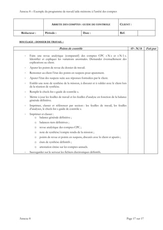 Annexe 8 – Exemple du programme de travail/aide-mémoire à l’arrêté des comptes
ARRETE DES COMPTES : GUIDE DE CONTROLE CLIENT :
Rédacteur : Période : Date : Réf.
 
 
 
Annexe 8 Page 17 sur 17
BOUCLAGE : DOSSIER DE TRAVAIL :
Points de contrôle O - N/A Fait par
‐ Faire une revue analytique (comparatif) des comptes CPC « N » et « N-1 ».
Identifier et expliquer les variations anormales. Demander éventuellement des
explications au client.
‐ Apurer les points de revue du dossier de travail.
‐ Remonter au client l’état des points en suspens pour apurement.
‐ Apurer l’état des suspens suite aux réponses formulées par le client.
‐ Etablir une note de synthèse de la mission, à discuter et à valider avec le client lors
de la réunion de synthèse.
‐ Remplir le check-list « guide de contrôle ».
‐ Mettre à jour les feuilles de travail et les feuilles d’analyse en fonction de la balance
générale définitive.
‐ Imprimer, classer et référencer par section : les feuilles de travail, les feuilles
d’analyses, le check-list « guide de contrôle ».
‐ Imprimer et classer :
o balance générale définitive ;
o balances tiers définitives ;
o revue analytique des comptes CPC ;
o note de synthèse/compte rendu de la mission ;
o points de revue et points en suspens, discutés avec le client et apurés ;
o états de synthèse définitifs ;
o attestation émise sur les comptes annuels.
‐ Sauvegarder sur le serveur les fichiers électroniques définitifs.
 