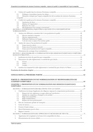 Proposition de normalisation des missions d’assistance comptable : exigences de qualité et responsabilité de l’expert-comptable
Table des matières
2. Critères de la qualité dans les missions d’assistance comptable...................................................................... 41
2.1. Politiques et procédures internes du cabinet.......................................................................................... 41
2.2. Démarche à adopter par l’expert-comptable lors de la conduite des missions d’assistance
comptable.................................................................................................................................................................... 43
3. L’utilité de la qualité pour les missions d’assistance comptable...................................................................... 45
3.1. Satisfaction du client.................................................................................................................................. 45
3.2. Maîtrise de l’organisation .......................................................................................................................... 46
3.3. Réduction des coûts................................................................................................................................... 47
3.4. Développement d’un avantage concurrentiel......................................................................................... 47
SECTION 2 : CONTRAINTES, ENJEUX DE LA QUALITE ET LA NECESSITE D’UNE
NORMALISATION......................................................................................................................................................................48
1. Analyses des différentes contraintes liées à une production de qualité ......................................................... 48
1.1. Moyens matériels et humains ................................................................................................................... 49
1.2. Moyens organisationnels........................................................................................................................... 49
1.3. Difficulté d’adhésion de l’équipe.............................................................................................................. 49
1.4. Coût de la mise en place d’un système qualité ....................................................................................... 49
2. Analyse des enjeux d’une production de qualité............................................................................................... 51
2.1. Enjeux pour les clients .............................................................................................................................. 51
2.2. Enjeux pour l’économie nationale ........................................................................................................... 52
2.3. Enjeux pour la profession de l’expert-comptable.................................................................................. 53
3. Présentation des avantages d’une normalisation............................................................................................... 53
SECTION 3 : BENCHMARK DE LA NORMALISATION DES MISSIONS D’ASSISTANCE COMPTABLE
DANS D’AUTRES PAYS.............................................................................................................................................................54
1. Justification du choix de panel des pays comparables ..................................................................................... 54
2. Présentation du cadre règlementaire et normatif des pays choisis ................................................................. 55
2.1. Tunisie ......................................................................................................................................................... 55
2.2. France .......................................................................................................................................................... 57
2.3. Canada ......................................................................................................................................................... 58
3. Synthèse du comparatif du cadre règlementaire et normatif des pays choisis et le Maroc ......................... 60
Conclusion du deuxième chapitre.............................................................................................................................61
CONCLUSION LA PREMIERE PARTIE .......................................................................................... 62
PARTIE II : PROPOSITION D’UNE NORMALISATION ET RESPONSABILITES DE
L’EXPERT-COMPTABLE ................................................................................................................... 64
CHAPITRE 3 : PROPOSITION D’UNE NORMALISATION DES MISSIONS D’ASSISTANCE
COMPTABLE .......................................................................................................................................................... 66
SECTION 1 : NORMALISATION DES RELATIONS AVEC LE CLIENT ...................................................................67
1. Clarification du champ d’application des diligences régissant le comportement professionnel................. 68
1.1. Respect des lois, règlements et usages admis par la profession........................................................... 68
1.2. Qualités de compétence, d’intégrité et de moralité................................................................................ 69
1.3. Règle d’incompatibilité.............................................................................................................................. 69
1.4. Règle d’indépendance................................................................................................................................ 70
1.5. Respect du secret professionnel............................................................................................................... 71
2. Prise de connaissance globale de l’entreprise.................................................................................................... 71
3. Lettre de mission................................................................................................................................................... 72
4. Exercice d’esprit critique...................................................................................................................................... 74
5. Droit d’information pour le client...................................................................................................................... 74
6. Rapport à émettre ................................................................................................................................................. 75
SECTION 2 : NORMALISATION DES APPROCHES ET METHODES DE TRAVAIL...........................................76
1. Appréciation de la régularité en la forme de la comptabilité du client........................................................... 77
2. Documentation des travaux réalisés................................................................................................................... 78
 
