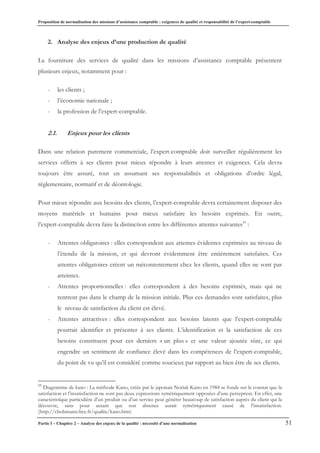Proposition de normalisation des missions d’assistance comptable : exigences de qualité et responsabilité de l’expert-comptable
Partie I – Chapitre 2 – Analyse des enjeux de la qualité : nécessité d’une normalisation 51
2. Analyse des enjeux d’une production de qualité
La fourniture des services de qualité dans les missions d’assistance comptable présentent
plusieurs enjeux, notamment pour :
- les clients ;
- l’économie nationale ;
- la profession de l’expert-comptable.
2.1. Enjeux pour les clients
Dans une relation purement commerciale, l’expert-comptable doit surveiller régulièrement les
services offerts à ses clients pour mieux répondre à leurs attentes et exigences. Cela devra
toujours être assuré, tout en assumant ses responsabilités et obligations d’ordre légal,
réglementaire, normatif et de déontologie.
Pour mieux répondre aux besoins des clients, l’expert-comptable devra certainement disposer des
moyens matériels et humains pour mieux satisfaire les besoins exprimés. En outre,
l’expert-comptable devra faire la distinction entre les différentes attentes suivantes35
:
- Attentes obligatoires : elles correspondent aux attentes évidentes exprimées au niveau de
l’étendu de la mission, et qui devront évidemment être entièrement satisfaites. Ces
attentes obligatoires créent un mécontentement chez les clients, quand elles ne sont pas
atteintes.
- Attentes proportionnelles : elles correspondent à des besoins exprimés, mais qui ne
rentrent pas dans le champ de la mission initiale. Plus ces demandes sont satisfaites, plus
le niveau de satisfaction du client est élevé.
- Attentes attractives : elles correspondent aux besoins latents que l’expert-comptable
pourrait identifier et présenter à ses clients. L’identification et la satisfaction de ces
besoins constituent pour ces derniers « un plus » et une valeur ajoutée sûre, ce qui
engendre un sentiment de confiance élevé dans les compétences de l’expert-comptable,
du point de vu qu’il est considéré comme soucieux par rapport au bien être de ses clients.
35
Diagramme de kano : La méthode Kano, créée par le japonais Noriak Kano en 1984 se fonde sur le constat que la
satisfaction et l’insatisfaction ne sont pas deux expressions symétriquement opposées d’une perception. En effet, une
caractéristique particulière d’un produit ou d’un service peut générer beaucoup de satisfaction auprès du client qui la
découvre, sans pour autant que son absence aurait symétriquement causé de l’insatisfaction.
(http://chohmann.free.fr/qualite/kano.htm)
 