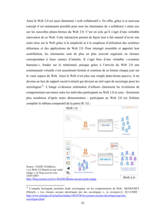 21
Ainsi le Web 2.0 est aussi dénommé « web collaboratif ». En effet, grâce à ce nouveau
concept il est maintenant possible pour tous les internautes de « collaborer » entre eux
sur les nouvelles plates-formes du Web 2.0. C’est en cela qu’il s’agit d’une véritable
innovation de ce Web. Cette interaction permet de façon tout à fait naturel d’avoir une
main mise sur le Web grâce à la simplicité et à la souplesse d’utilisation des systèmes
éditoriaux et des applications du Web 2.0. Pour interagir ensemble et apporter leur
contribution, les internautes sont de plus en plus souvent organisés en réseaux
correspondant à leurs centres d’intérêts. Il s’agit bien d’une véritable « aventure
humaine », fondée sur le relationnel, puisque grâce à l’arrivée du Web 2.0 une
communauté virtuelle s’est assurément formée et continue de se former chaque jour sur
le vaste espace du Web. Ainsi le Web n’est plus une simple plate-forme passive, il est
devenu un lieu de rapport social (virtuel) qui devient un réel sujet de sociologie pour les
sociologues32
. L’image ci-dessous schématise d’ailleurs clairement les évolutions de
comportement survenues entre les individus participants au Web 1.0 et ceux - forcément
plus nombreux d’après notre démonstration - participant au Web 2.0 (ce Schéma
complète le tableau comparatif de la partie B. 1)) :
Source : COZIC (Frédéric),
« Le Web 2.0 illustré en une seule
image », in blog.aysoon.com,
18/07/2007:
http://blog.aysoon.com/Le-Web20-illustre-en-une-seule-image
32
L’enquête Sociogeek, première étude sociologique sur les comportements du Web : SIGNOURET
(Muriel), « Les réseaux sociaux décortiqués par des sociologues », in strategies.fr, 02/12/2008 :
http://www.strategies.fr/actualites/medias/108355W/les-reseaux-sociaux-decortiques-par-des-
sociologues.html
 