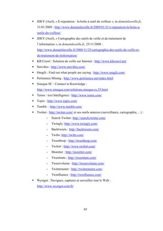 62
JDEY (Aref), « E-reputation : la boîte à outil du veilleur », in demainlaveille.fr,
31/01/2009 : http://www.demainlaveille.fr/2009/01/31/e-reputation-la-boite-a-
outils-du-veilleur/
JDEY (Aref), « Cartographie des outils de veille et de traitement de
l’information », in demainlaveille.fr, 25/11/2008 :
http://www.demainlaveille.fr/2008/11/25/cartographie-des-outils-de-veille-et-
de-traitement-de-linformation/
KB Crawl : Solution de veille sur Internet : http://www.kbcrawl.net/
Netvibes : http://www.netvibes.com/
Omgili : Find out what people are saying : http://www.omgili.com/
Pertinence Mining : http://www.pertinence.net/index.html
Sinequa SC : Connect to Knowledge :
http://www.sinequa.com/solutions,sinequa-cs,35.html
Temis : text Intelligence : http://www.temis.com/
Topix : http://www.topix.com/
Tumblr. : http://www.tumblr.com/
Twitter : http://twitter.com/ et ses outils annexes (surveillance, cartographie,…) :
- Search Twitter: http://search.twitter.com/
- Twingly: http://www.twingly.com/
- Backtweets : http://backtweets.com/
- Twibs: http://twibs.com/
- Tweetbeep : http://tweetbeep.com/
- Twilert : http://www.twilert.com/
- Monitter : http://monitter.com/
- Tweetstats : http://tweetstats.com/
- Tweetvolume : http://tweetvolume.com/
- Twittermeter : http://twittermeter.com/
- Twinfluence : http://twinfluence.com/
Wysigot : Naviguez, capturez et surveillez tout le Web :
http://www.wysigot.com/fr/
 