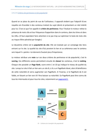 Mémoire de stage | LE REFERENCEMENT NATUREL : UN LEVIER WEBMARKETING COMPLEXE


2.4.2.4 Critères de pertinence et de popularité



Quand on se place du point de vue de l’utilisateur, il apparaît évident que l’objectif d’une
requête est d’accéder à des contenus traitant du sujet désiré et présentant un réel intérêt
pour lui. C’est ce que l’on appelle le critère de pertinence. Pour l’évaluer le moteur relève la
présence de mots clés et leur fréquence d’apparition dans le contenu, dans les titres et dans
les URLs. (Il faut cependant faire attention à ne pas trop sur-optimiser le texte de mots clés
au risque d'être pénalisé par Google.)

Le deuxième critère est la popularité du site. Elle est évaluée par un comptage des liens
entrant sur le site. La qualité du site d’où provient le lien et sa cohérence avec le contenu
vers lequel il « pointe » lui donnent d’autant plus d’importance.

Le moteur attribue une note sur ces deux critères de pertinence et de popularité, c’est le
scoring. Ces différents scores permettent ensuite de classer les contenus, c’est le ranking.
Chaque site possède un Page Rank, score entre 1 et 10 qui indique le niveau de qualité du
site. Lorsqu’un site A fait un lien vers un site B, si A a un PageRank élevé, alors B bénéficiera
de cette notoriété et verra augmenter son PageRank. A l’inverse, si le PageRank de A est
faible, en faisant un lien vers B il fera baisser sa notoriété. Ce PageRank peut être connu de
tous les internautes et pour tous les sites, notamment sur pagerank.fr.




                                  VI- Schéma du transfert de popularité


                                                                                              26
 