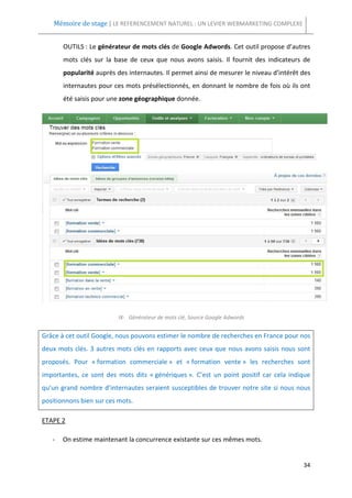 Mémoire de stage | LE REFERENCEMENT NATUREL : UN LEVIER WEBMARKETING COMPLEXE


       OUTILS : Le générateur de mots clés de Google Adwords. Cet outil propose d’autres
       mots clés sur la base de ceux que nous avons saisis. Il fournit des indicateurs de
       popularité auprès des internautes. Il permet ainsi de mesurer le niveau d’intérêt des
       internautes pour ces mots présélectionnés, en donnant le nombre de fois où ils ont
       été saisis pour une zone géographique donnée.




                          IX- Générateur de mots clé, Source Google Adwords


Grâce à cet outil Google, nous pouvons estimer le nombre de recherches en France pour nos
deux mots clés. 3 autres mots clés en rapports avec ceux que nous avons saisis nous sont
proposés. Pour « formation commerciale » et « formation vente » les recherches sont
importantes, ce sont des mots dits « génériques ». C’est un point positif car cela indique
qu’un grand nombre d’internautes seraient susceptibles de trouver notre site si nous nous
positionnons bien sur ces mots.

ETAPE 2

   -   On estime maintenant la concurrence existante sur ces mêmes mots.


                                                                                         34
 