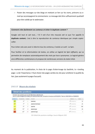 Mémoire de stage | LE REFERENCEMENT NATUREL : UN LEVIER WEBMARKETING COMPLEXE


    − Poster des messages sur des blogs en mettant un lien sur les noms, prénoms ou e-
          mail qui accompagnent le commentaire. Le message doit être suffisamment qualitatif
          pour être validé par le webmaster.




Comment créer facilement ces contenus et éviter le duplicate content ?

Google voit tout et sait tout… ! Et il voit d’un très mauvais œil ce que l’on appelle le
duplicate content, c’est à dire la reproduction de contenus identiques par simple copier-
coller.

Pour éviter cela sans avoir à réécrire tous les contenus, il existe un outil : Le Spin.

Pour faciliter et la reformulation de textes, on utilise un logiciel de Spin (effispin), qui va
permettre de remplacer automatiquement des mots par leurs synonymes. Le logiciel génère
ainsi différentes combinaisons et propose de nombreuses versions du texte initial.




Au moment de la publication, le choix de la page d’atterrissage du backlink, la « landing
page » a de l’importance. Il faut choisir des pages variées du site pour améliorer la qualité du
lien, (pas seulement la page d’accueil).




2.6.1.1.3 Mesure des résultats




                           XVI- Détail des positions-maillage, Source Majestic SEO




                                                                                             44
 