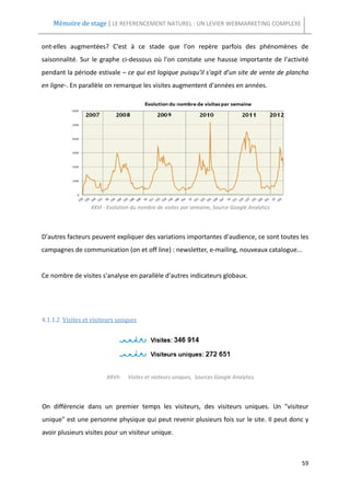 Mémoire de stage | LE REFERENCEMENT NATUREL : UN LEVIER WEBMARKETING COMPLEXE


ont-elles augmentées? C'est à ce stade que l'on repère parfois des phénomènes de
saisonnalité. Sur le graphe ci-dessous où l'on constate une hausse importante de l'activité
pendant la période estivale – ce qui est logique puisqu'il s'agit d'un site de vente de plancha
en ligne-. En parallèle on remarque les visites augmentent d'années en années.




                  XXVI - Evolution du nombre de visites par semaine, Source Google Analytics




D'autres facteurs peuvent expliquer des variations importantes d'audience, ce sont toutes les
campagnes de communication (on et off line) : newsletter, e-mailing, nouveaux catalogue...


Ce nombre de visites s'analyse en parallèle d'autres indicateurs globaux.




4.1.1.2 Visites et visiteurs uniques




                        XXVII-   Visites et visiteurs uniques, Sources Google Analytics




On différencie dans un premier temps les visiteurs, des visiteurs uniques. Un "visiteur
unique" est une personne physique qui peut revenir plusieurs fois sur le site. Il peut donc y
avoir plusieurs visites pour un visiteur unique.



                                                                                               59
 