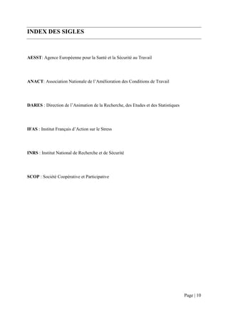 INDEX DES SIGLES



AESST: Agence Européenne pour la Santé et la Sécurité au Travail




ANACT: Association Nationale de l’Amélioration des Conditions de Travail




DARES : Direction de l’Animation de la Recherche, des Etudes et des Statistiques




IFAS : Institut Français d’Action sur le Stress




INRS : Institut National de Recherche et de Sécurité




SCOP : Société Coopérative et Participative




                                                                                   Page | 10
 