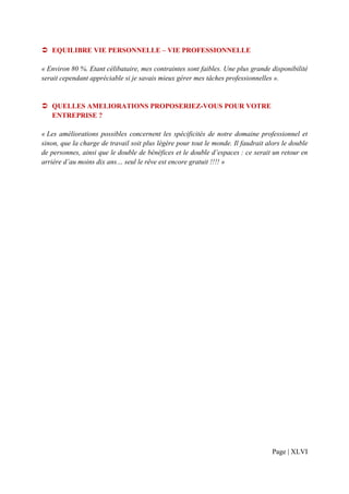 EQUILIBRE VIE PERSONNELLE – VIE PROFESSIONNELLE

« Environ 80 %. Etant célibataire, mes contraintes sont faibles. Une plus grande disponibilité
serait cependant appréciable si je savais mieux gérer mes tâches professionnelles ».


   QUELLES AMELIORATIONS PROPOSERIEZ-VOUS POUR VOTRE
   ENTREPRISE ?

« Les améliorations possibles concernent les spécificités de notre domaine professionnel et
sinon, que la charge de travail soit plus légère pour tout le monde. Il faudrait alors le double
de personnes, ainsi que le double de bénéfices et le double d’espaces : ce serait un retour en
arrière d’au moins dix ans… seul le rêve est encore gratuit !!!! »




                                                                                   Page | XLVI
 