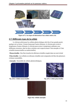 Chapitre I :présentation générale sur les panneaux solaires.
15
Figure (I-7) : les étapes de fabrication d’une cellule solaire [14]
I-7/ Différents types de la cellule
Le silicium utilisé pour les cellules photovoltaïques doit être d’une grande pureté,
quelque soit sa forme. Comme beaucoup d’autres éléments, le silicium peut exister à
température d’autres éléments, le silicium peut exister à température ambiante sous
différentes structures, dont les deux extrêmes sont respectivement l’état amorphe et l’état
cristallin (monocristallin ou multicristallin).
-Monocristallin : Une fine tranche de sillicium cristallin coupée dans un seul cristal
-Polycristallin : Les cellules en silicium cristallin sont composées de bloc des plusieurs
cristaux rassemblés.
-Amorphe : Ensemble de cellules photovoltaîques.
Fig (I-8) : Cellule monocristallin Fig (I-9) : Cellule polycristallin
Fig (I-10) : Cellule amorphe
 