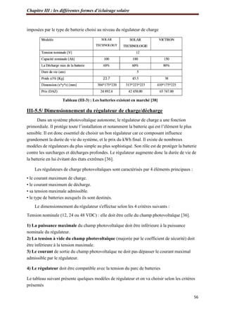 Chapitre III : les différentes formes d’éclairage solaire
56
imposées par le type de batterie choisi au niveau du régulateur de charge
Tableau (III-3) : Les batteries existent en marché [38]
III-5.5/ Dimensionnement du régulateur de charge/décharge
Dans un système photovoltaïque autonome, le régulateur de charge a une fonction
primordiale. Il protège toute l’installation et notamment la batterie qui est l’élément le plus
sensible. Il est donc essentiel de choisir un bon régulateur car ce composant influence
grandement la durée de vie du système, et le prix du kWh final. Il existe de nombreux
modèles de régulateurs du plus simple au plus sophistiqué. Son rôle est de protéger la batterie
contre les surcharges et décharges profondes. Le régulateur augmente donc la durée de vie de
la batterie en lui évitant des états extrêmes [36].
Les régulateurs de charge photovoltaïques sont caractérisés par 4 éléments principaux :
• le courant maximum de charge.
• le courant maximum de décharge.
• sa tension maximale admissible.
• le type de batteries auxquels ils sont destinés.
Le dimensionnement du régulateur s'effectue selon les 4 critères suivants :
Tension nominale (12, 24 ou 48 VDC) : elle doit être celle du champ photovoltaïque [36].
1) La puissance maximale du champ photovoltaïque doit être inférieure à la puissance
nominale du régulateur.
2) La tension à vide du champ photovoltaïque (majorée par le coefficient de sécurité) doit
être inférieure à la tension maximale.
3) Le courant de sortie du champ photovoltaïque ne doit pas dépasser le courant maximal
admissible par le régulateur.
4) Le régulateur doit être compatible avec la tension du parc de batteries
Le tableau suivant présente quelques modèles de régulateur et on va choisir selon les critères
présentés
 
