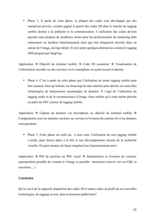 autour de l’image, du logo désiré. Il est à noter quelques alternatives comme le tagging
       SMS proposé par SnapTag.


Application  Objectif du terminal mobile  Code 2D customisé  Visualisation de
l’information encodée sur des serveurs via le smartphone en ayant recourt à internet.


   •   Phase 4. C’est à partir de cette phase que l’utilisation du terme tagging mobile peut
       être nuancée, bien qu’utilisée sur beaucoup de sites internet pour décrire ces nouvelles
       technologies de transmission automatique de données. Il s’agit de l’utilisation du
       tagging audio et de la reconnaissance d’image. Sans oublier qu’à cette même période
       on parle du NFC comme de tagging mobile.


Application  Capture de données via microphone ou objectif du terminal mobile 
Comparaisons avec les données stockées sur serveur et livraison du contenu lié si les données
correspondent.


   •   Phase 5. Cette phase est celle où, à mon sens, l’utilisation du mot tagging mobile
       s’arrête, pour laisser place à la RA et aux développements récents de la recherche
       visuelle. On peut résumer de façon simpliste leur fonctionnement ainsi :


Application  POI de position ou POI visuel  Interprétation et livraison de contenu,
superposition possible du contenu à l’image et possible interaction (renvoi vers un URL et
ouverture,…)


Conclusion


Qu’en est-il de la supposée disparition des codes 2D et autres codes au profit de ces nouvelles
technologies, de tagging ou non, dans le domaine publicitaire?


Tout d’abord, cela fait des années que des entreprises d’informatique, de télécommunication,
des groupes médias et même des universités essayent de proposer des alternatives au QR code
ainsi qu’aux autres codes 2D, ceux-ci ayant été eux-mêmes inventés afin de servir
d’alternative au code-barres. Mais aucune des ces technologies ne connaît de succès pareil


                                                                                            35
 