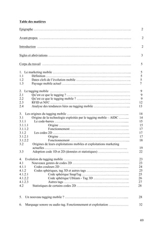 Table des matières

Epigraphe ……………………………………………………………………………..                                           2

Avant-propos …………………………………………………………………………                                           2

Introduction …………………………………………………………………………..                                         2

Sigles et abréviations ………………………………………………………………....                                 3

Corps du travail ………………………………………………………………………                                       5

1. Le marketing mobile ……………………………………………………………...                                  5
1.1    Définition …………………………………………………………………...                                     5
1.2    Dates clefs de l’évolution mobile …………………………………………..                        5
1.3    Paysage mobile actuel ………………………………………………………                                 7

←      2.    Le tagging mobile ……………………………………………………………….
9
←      2.1       Qu’est ce que le tagging ? ………………………………………………….
9
←      2.2       Qu’est ce que le tagging mobile ? ………………………………………….
9
←      2.3       RFID et NFC ……………………………………………………………….
12
←      2.4       Analyse des tendances liées au tagging mobile …………………………....
13

3. Les origines du tagging mobile ………………………………………………...                           14
3.1     Origine de la technologie exploitée par le tagging mobile – AIDC ……....   14
3.1.1     Le code-barres ………………………………………………………......                              15
3.1.1.1              Origine ………………………………………………….........                         15
3.1.1.2              Fonctionnement ……………………………………………...                          17
3.1.2     Les codes 2D …………………………………………………………….                                   17
3.1.2.1              Origine ………………………………………………………..                              17
3.1.2.2              Fonctionnement ……………………………………………....                         18
3.2     Origines de leurs exploitations mobiles et exploitations marketing
        actuelles ………………………………………………………………....                                    19
3.3     Adoption code 1D et 2D (données et statistiques) ……………………….               22

4. Evolution du tagging mobile ……………………………………………………                                23
4.1     Nouveaux genres de codes 2D …………………………………………….                             23
4.1.1    Codes couleurs 2D ……………………………………………...............                       24
4.1.2    Codes sphériques, tag 3D et autres tags …………………………………                     25
4.1.2.1              Code sphérique SnapTag …………………………………….                       25
4.1.2.2              Code sphérique Ubleam - Tag 3D …………………………...                 26
4.1.2.3              Autres tags …………………………………………………...                           27
4.2     Statistiques de certains codes 2D …………………………………………                        28



                                                                                   49
 