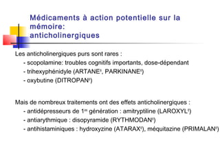 Médicaments à action potentielle sur la
     mémoire:
     anticholinergiques

Les anticholinergiques purs sont rares :
  - scopolamine: troubles cognitifs importants, dose-dépendant
  - trihexyphénidyle (ARTANE®, PARKINANE®)
  - oxybutine (DITROPAN®)


Mais de nombreux traitements ont des effets anticholinergiques :
  - antidépresseurs de 1ère génération : amitryptiline (LAROXYL®)
  - antiarythmique : disopyramide (RYTHMODAN®)
  - antihistaminiques : hydroxyzine (ATARAX®), méquitazine (PRIMALAN®)
 