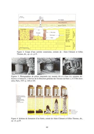 Figure 2. Coupe d’une carrière souterraine, extraite de : Alain Clément et Gilles
       Thomas, dir., op. cit., p.15.




Figures 3. Photographies de piliers maçonnés (a), tournés (b) et à bras (c), extraites de :
Science et Industrie, « Service de la Direction générale des Travaux de Paris », n°273bis hors-
série, Paris, 1937, p. 168 et 169.




Figure 4. Schéma de formation d’un fontis, extrait de Alain Clément et Gilles Thomas, dir.,
op. cit., p.29.


                                              60
 