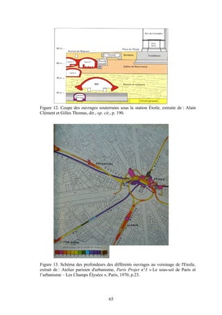 Figure 12. Coupe des ouvrages souterrains sous la station Étoile, extraite de : Alain
Clément et Gilles Thomas, dir., op. cit., p. 190.




Figure 13. Schéma des profondeurs des différents ouvrages au voisinage de l'Etoile,
extrait de : Atelier parisien d'urbanisme, Paris Projet n°3 « Le sous-sol de Paris et
l’urbanisme – Les Champs Élysées », Paris, 1970, p.23.




                                     65
 