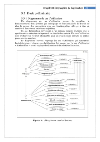 24Chapitre IChapitre IChapitre IChapitre IIIIIIIII :::: Conception du l’applicationConception du l’applicationConception du l’applicationConception du l’application
3333....3333 Etude préliminaireEtude préliminaireEtude préliminaireEtude préliminaire
3333....3333....1111 Diagramme de cas d’utilisationDiagramme de cas d’utilisationDiagramme de cas d’utilisationDiagramme de cas d’utilisation
Un diagramme de cas d’utilisation permet de modéliser le
fonctionnement d’un système par découpage en fonctionnalités. Il illustre de
plus la nature des interactions avec ces fonctionnalités offertes à titre de
services à des acteurs externes au système.
Un cas d’utilisation correspond à un certain nombre d’actions que le
système devra exécuter en réponse à un besoin d’un acteur. Un cas d’utilisation
doit produire un résultat observable pour un ou plusieurs acteurs ou parties
prenantes du système.
Le diagramme suivent regroupe les cas d’utilisation qui concernent
l’administrateur, chaque cas d’utilisation doit passer par le cas d’utilisation
« Authentifier », ce qui explique l’utilisation de la relation d’inclusion.
Figure 3-1 : Diagramme cas d’utilisation
 