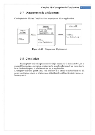 41Chapitre IChapitre IChapitre IChapitre IIIIIIIII :::: Conception du l’applicationConception du l’applicationConception du l’applicationConception du l’application
3333....7777 Diagrammes de déploiementDiagrammes de déploiementDiagrammes de déploiementDiagrammes de déploiement
Ce diagramme décrire l’implantation physique de notre application
Figure 3-13 : Diagramme déploiement.
3333....8888 ConclusionConclusionConclusionConclusion
En adoptant une conception orienté objet basée sur la méthode UP, on a
pu modéliser notre application et déduire le modèle relationnel qui constitue la
base de données pour la réalisation de notre application.
Le chapitre suivant, quant à lui, sera consacré à la phase de développement de
notre application et qui se réalisera en détaillant les différentes interfaces qui
le composent.
 