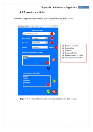 4444....3333....5555 Ajouter une tâcheAjouter une tâcheAjouter une tâcheAjouter une tâche
Cette vue représente l’interface
Figure 4- 5 : l’interface d’ajout ou d’une modification d’une tâche.
Chapitre IChapitre IChapitre IChapitre IVVVV :::: RéalisationRéalisationRéalisationRéalisation du l’applicationdu l’applicationdu l’applicationdu l’application
Ajouter une tâcheAjouter une tâcheAjouter une tâcheAjouter une tâche
Cette vue représente l’interface d’ajout ou modification d’une tâche.
l’interface d’ajout ou d’une modification d’une tâche.
1) Nom de la tâche
2) Date
3) Date fin
4) Durée calculé
5) Ressource
6) Ressource
1
2
3
4
5
6
47du l’applicationdu l’applicationdu l’applicationdu l’application
d’ajout ou modification d’une tâche.
l’interface d’ajout ou d’une modification d’une tâche.
Nom de la tâche
Date début
Date fin
Durée calculée
Ressources du la tâche
Ressources disponibles
 