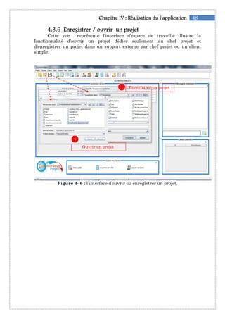 4444....3333....6666 Enregistrer / ouvrir un projetEnregistrer / ouvrir un projetEnregistrer / ouvrir un projetEnregistrer / ouvrir un projet
Cette vue représente l’interface d’espace de travaille
fonctionnalité d’ouvrir un projet dédier seulement au chef projet et
d’enregistrer un projet dans un support externe par chef projet ou un client
simple.
Figure 4- 6
2
Chapitre IChapitre IChapitre IChapitre IVVVV :::: RéalisationRéalisationRéalisationRéalisation du l’applicationdu l’applicationdu l’applicationdu l’application
Enregistrer / ouvrir un projetEnregistrer / ouvrir un projetEnregistrer / ouvrir un projetEnregistrer / ouvrir un projet
Cette vue représente l’interface d’espace de travaille
fonctionnalité d’ouvrir un projet dédier seulement au chef projet et
d’enregistrer un projet dans un support externe par chef projet ou un client
6 : l’interface d’ouvrir ou enregistrer un projet.
Ouvrir un projet
1 Enregistrer un projet
48du l’applicationdu l’applicationdu l’applicationdu l’application
Cette vue représente l’interface d’espace de travaille illustre la
fonctionnalité d’ouvrir un projet dédier seulement au chef projet et
d’enregistrer un projet dans un support externe par chef projet ou un client
l’interface d’ouvrir ou enregistrer un projet.
Enregistrer un projet
 