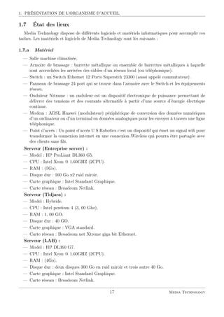1. PRÉSENTATION DE L’ORGANISME D’ACCUEIL
1.7 État des lieux
Media Technology dispose de diﬀérents logiciels et matériels informatiques pour accomplir ces
taches. Les matériels et logiciels de Media Technology sont les suivants :
1.7.a Matériel
— Salle machine climatisée.
— Armoire de brassage : barrette métallique ou ensemble de barrettes métalliques à laquelle
sont accrochées les arrivées des câbles d’un réseau local (ou téléphonique).
— Switch : un Switch Ethernet 12 Ports Superstch 23300 (aussi appelé commutateur).
— Panneau de brassage 24 port qui se trouve dans l’armoire avec le Switch et les équipements
réseau.
— Onduleur Nitrame : un onduleur est un dispositif électronique de puissance permettant de
délivrer des tensions et des courants alternatifs à partir d’une source d’énergie électrique
continue.
— Modem : ADSL Huawei (modulateur) périphérique de conversion des données numériques
d’un ordinateur ou d’un terminal en données analogiques pour les envoyer à travers une ligne
téléphonique.
— Point d’accès : Un point d’accès U S Robotics c’est un dispositif qui émet un signal wiﬁ pour
transformer la connexion internet en une connexion Wireless qui pourra être partagée avec
des clients sans ﬁls.
Serveur (Entreprise server) :
— Model : HP ProLiant DL360 G5.
— CPU : Intel Xeon @ 1.60GHZ (2CPU).
— RAM : (5Go).
— Disque dur : 160 Go x2 raid miroir.
— Carte graphique : Intel Standard Graphique.
— Carte réseau : Broadcom Netlink.
Serveur (Tidjara) :
— Model : Hybride.
— CPU : Intel pentium 4 (3, 00 Ghz).
— RAM : 1, 00 GO.
— Disque dur : 40 GO.
— Carte graphique : VGA standard.
— Carte réseau : Broadcom net Xtreme giga bit Ethernet.
Serveur (LAB) :
— Model : HP DL360 G7.
— CPU : Intel Xeon @ 1.60GHZ (2CPU).
— RAM : (4Go).
— Disque dur : deux disques 300 Go en raid miroir et trois autre 40 Go.
— Carte graphique : Intel Standard Graphique.
— Carte réseau : Broadcom Netlink.
17 Media Technology
 