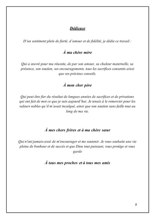 2
Dédicace
D’un sentiment plein de fierté, d’amour et de fidélité, je dédie ce travail :
À ma chère mère
Qui a œuvré pour ma réussite, de par son amour, sa chaleur maternelle, sa
présence, son soutien, ses encouragements, tous les sacrifices consentis ainsi
que ses précieux conseils.
À mon cher père
Qui peut être fier du résultat de longues années de sacrifices et de privations
qui ont fait de moi ce que je suis aujourd’hui. Je tenais à le remercier pour les
valeurs nobles qu’il m’avait inculqué, ainsi que son soutien sans faille tout au
long de ma vie.
À mes chers frères et à ma chère sœur
Qui n'ont jamaiscessé de m'encourager et me soutenir. Je vous souhaite une vie
pleine de bonheur et de succès et que Dieu tout puissant, vous protège et vous
garde
À tous mes proches et à tous mes amis
 
