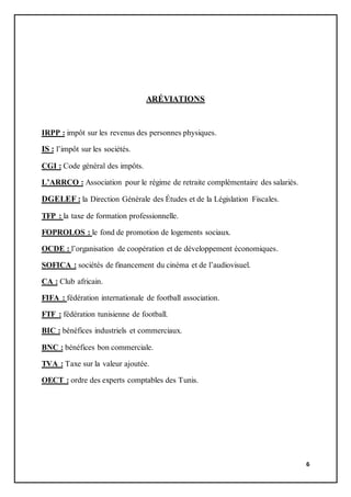 6
ARÉVIATIONS
IRPP : impôt sur les revenus des personnes physiques.
IS : l’impôt sur les sociétés.
CGI : Code général des impôts.
L’ARRCO : Association pour le régime de retraite complémentaire des salariés.
DGELEF : la Direction Générale des Études et de la Législation Fiscales.
TFP : la taxe de formation professionnelle.
FOPROLOS : le fond de promotion de logements sociaux.
OCDE : l’organisation de coopération et de développement économiques.
SOFICA : sociétés de financement du cinéma et de l’audiovisuel.
CA : Club africain.
FIFA : fédération internationale de football association.
FTF : fédération tunisienne de football.
BIC : bénéfices industriels et commerciaux.
BNC : bénéfices bon commerciale.
TVA : Taxe sur la valeur ajoutée.
OECT : ordre des experts comptables des Tunis.
 