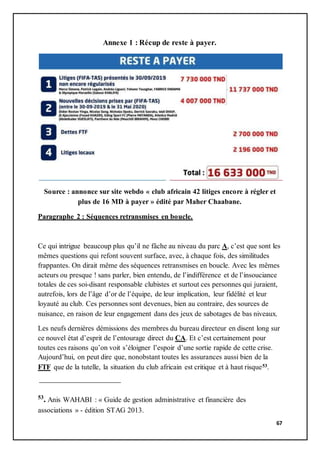 67
Annexe 1 : Récup de reste à payer.
Source : annonce sur site webdo « club africain 42 litiges encore à régler et
plus de 16 MD à payer » édité par Maher Chaabane.
Paragraphe 2 : Séquences retransmises en boucle.
Ce qui intrigue beaucoup plus qu’il ne fâche au niveau du parc A, c’est que sont les
mêmes questions qui refont souvent surface, avec, à chaque fois, des similitudes
frappantes. On dirait même des séquences retransmises en boucle. Avec les mêmes
acteurs ou presque ! sans parler, bien entendu, de l’indifférence et de l’insouciance
totales de ces soi-disant responsable clubistes et surtout ces personnes qui juraient,
autrefois, lors de l’âge d’or de l’équipe, de leur implication, leur fidélité et leur
loyauté au club. Ces personnes sont devenues, bien au contraire, des sources de
nuisance, en raison de leur engagement dans des jeux de sabotages de bas niveaux.
Les neufs dernières démissions des membres du bureau directeur en disent long sur
ce nouvel état d’esprit de l’entourage direct du CA. Et c’est certainement pour
toutes ces raisons qu’on voit s’éloigner l’espoir d’une sortie rapide de cette crise.
Aujourd’hui, on peut dire que, nonobstant toutes les assurances aussi bien de la
FTF que de la tutelle, la situation du club africain est critique et à haut risque53.
53
. Anis WAHABI : « Guide de gestion administrative et financière des
associations » - édition STAG 2013.
 