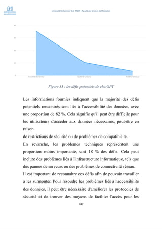 Figure 33 : les défis potentiels de chatGPT
Les informations fournies indiquent que la majorité des défis
potentiels rencontrés sont liés à l'accessibilité des données, avec
une proportion de 82 %. Cela signifie qu'il peut être difficile pour
les utilisateurs d'accéder aux données nécessaires, peut-être en
raison
de restrictions de sécurité ou de problèmes de compatibilité.
En revanche, les problèmes techniques représentent une
proportion moins importante, soit 18 % des défis. Cela peut
inclure des problèmes liés à l'infrastructure informatique, tels que
des pannes de serveurs ou des problèmes de connectivité réseau.
Il est important de reconnaître ces défis afin de pouvoir travailler
à les surmonter. Pour résoudre les problèmes liés à l'accessibilité
des données, il peut être nécessaire d'améliorer les protocoles de
sécurité et de trouver des moyens de faciliter l'accès pour les
142
 