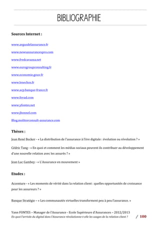 Yann	
  FONTES	
  –	
  Manager	
  de	
  l’Assurance	
  -­‐	
  Ecole	
  Supérieure	
  d’Assurances	
  –	
  2012/2013	
  
En	
  quoi	
  l’arrivée	
  du	
  digital	
  dans	
  l’Assurance	
  révolutionne-­‐t-­‐elle	
  les	
  usages	
  de	
  la	
  relation	
  client	
  ?	
   /	
   	
  100	
  
BIBLIOGRAPHIE
Sources	
  Internet	
  :	
  
www.argusdelassurance.fr	
  
www.newsassurancespro.com	
  
www.fredcavazza.net	
  
www.eurogroupconsulting.fr	
  
www.economie.gouv.fr	
  	
  
www.lesechos.fr	
  
www.acp.banque-­‐france.fr	
  
www.fevad.com	
  
www.yfontes.net	
  
www.jbonnel.com	
  
Blog.molitorconsult-­‐assurance.com	
  
	
  
Thèses	
  :	
  
	
  
Jean	
  René	
  Becker	
  -­‐	
  «	
  La	
  distribution	
  de	
  l’assurance	
  à	
  l’ère	
  digitale	
  :	
  évolution	
  ou	
  révolution	
  ?	
  »	
  	
  
	
  
Cédric	
  Tang	
  -­‐	
  «	
  En	
  quoi	
  et	
  comment	
  les	
  médias	
  sociaux	
  peuvent	
  ils	
  contribuer	
  au	
  développement	
  
d’une	
  nouvelle	
  relation	
  avec	
  les	
  assurés	
  ?	
  »	
  	
  
	
  
Jean	
  Luc	
  Gambey	
  -­‐	
  «	
  L’Assurance	
  en	
  mouvement	
  »	
  	
  
	
  
Etudes	
  :	
  
	
  
Accenture	
  -­‐	
  «	
  Les	
  moments	
  de	
  vérité	
  dans	
  la	
  relation	
  client	
  :	
  quelles	
  opportunités	
  de	
  croissance	
  
pour	
  les	
  assureurs	
  ?	
  »	
  
	
  
Banque	
  Stratégie	
  –	
  «	
  Les	
  communautés	
  virtuelles	
  transforment	
  peu	
  à	
  peu	
  l’assurance.	
  »	
  
	
  
 