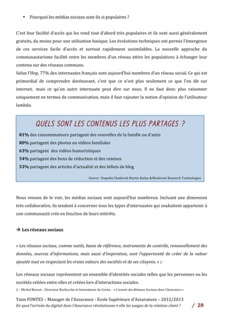 Yann	
  FONTES	
  –	
  Manager	
  de	
  l’Assurance	
  -­‐	
  Ecole	
  Supérieure	
  d’Assurances	
  –	
  2012/2013	
  
En	
  quoi	
  l’arrivée	
  du	
  digital	
  dans	
  l’Assurance	
  révolutionne-­‐t-­‐elle	
  les	
  usages	
  de	
  la	
  relation	
  client	
  ?	
   /	
   	
  28	
  
	
  
• Pourquoi	
  les	
  médias	
  sociaux	
  sont-­‐ils	
  si	
  populaires	
  ?	
  	
  	
  	
  
	
  
C’est	
  leur	
  facilité	
  d’accès	
  qui	
  les	
  rend	
  tout	
  d’abord	
  très	
  populaires	
  et	
  ils	
  sont	
  aussi	
  généralement	
  
gratuits,	
  du	
  moins	
  pour	
  une	
  utilisation	
  basique.	
  Les	
  évolutions	
  techniques	
  ont	
  permis	
  l’émergence	
  
de	
   ces	
   services	
   facile	
   d’accès	
   et	
   surtout	
   rapidement	
   assimilables.	
   La	
   nouvelle	
   approche	
   du	
  
communautarisme	
  facilité	
  entre	
  les	
  membres	
  d’un	
  réseau	
  attire	
  les	
  populations	
  à	
  échanger	
  leur	
  
contenu	
  sur	
  des	
  réseaux	
  communs.	
  	
  	
  
Selon	
  l’Ifop,	
  77%	
  des	
  internautes	
  français	
  sont	
  aujourd’hui	
  membres	
  d’un	
  réseau	
  social.	
  Ce	
  qui	
  est	
  
primordial	
   de	
   comprendre	
   dorénavant,	
   c’est	
   que	
   ce	
   n’est	
   plus	
   seulement	
   ce	
   que	
   l’on	
   dit	
   sur	
  
internet,	
   	
  mais	
   ce	
   qu’un	
   autre	
   internaute	
   peut	
   dire	
   sur	
   nous.	
   Il	
   ne	
   faut	
   donc	
   plus	
   raisonner	
  
uniquement	
  en	
  termes	
  de	
  communication,	
  mais	
  il	
  faut	
  rajouter	
  la	
  notion	
  d’opinion	
  de	
  l’utilisateur	
  
lambda.	
  
	
  
Nous	
  venons	
  de	
  le	
  voir,	
  les	
  médias	
  sociaux	
  sont	
  aujourd’hui	
  nombreux.	
  Incluant	
  une	
  dimension	
  
très	
  collaborative,	
  ils	
  tendent	
  à	
  concerner	
  tous	
  les	
  types	
  d’internautes	
  qui	
  souhaitent	
  appartenir	
  à	
  
une	
  communauté	
  crée	
  en	
  fonction	
  de	
  leurs	
  intérêts.	
  	
  
	
  
à	
  Les	
  réseaux	
  sociaux	
  	
  
	
  
«	
  Les	
  réseaux	
  sociaux,	
  comme	
  outils,	
  bases	
  de	
  référence,	
  instruments	
  de	
  contrôle,	
  renouvellement	
  des	
  
données,	
   sources	
   d’informations,	
   mais	
   aussi	
   d’inspiration,	
   sont	
   l’opportunité	
   de	
   créer	
   de	
   la	
   valeur	
  
ajoutée	
  tout	
  en	
  respectant	
  les	
  vraies	
  valeurs	
  des	
  sociétés	
  et	
  de	
  ses	
  citoyens.	
  »	
  2	
  	
  
Les	
  réseaux	
  sociaux	
  représentent	
  un	
  ensemble	
  d’identités	
  sociales	
  telles	
  que	
  les	
  personnes	
  ou	
  les	
  
sociétés	
  reliées	
  entre	
  elles	
  et	
  créées	
  lors	
  d’interactions	
  sociales.	
  	
  
2	
  –	
  Michel	
  Revest	
  –	
  Directeur	
  Recherche	
  et	
  Innovations	
  de	
  Covéa	
  –	
  «	
  L’avenir	
  des	
  Réseaux	
  Sociaux	
  dans	
  l’Assurance	
  »	
  	
  
QUELS SONT LES CONTENUS LES PLUS PARTAGES ?
81%	
  des	
  consommateurs	
  partagent	
  des	
  nouvelles	
  de	
  la	
  famille	
  ou	
  d’amis	
  	
  
80%	
  partagent	
  des	
  photos	
  ou	
  vidéos	
  familiales	
  
63%	
  partagent	
  	
  des	
  vidéos	
  humoristiques	
  	
  
54%	
  partagent	
  des	
  bons	
  de	
  réduction	
  et	
  des	
  remises	
  	
  
53%	
  partagent	
  des	
  articles	
  d’actualité	
  et	
  des	
  billets	
  de	
  blog	
  	
  
	
  
Source	
  :	
  Enquête	
  Chadwick	
  Martin	
  Bailey	
  &iModerate	
  Research	
  Technologies	
  
 