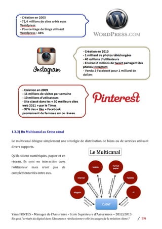 Yann	
  FONTES	
  –	
  Manager	
  de	
  l’Assurance	
  -­‐	
  Ecole	
  Supérieure	
  d’Assurances	
  –	
  2012/2013	
  
En	
  quoi	
  l’arrivée	
  du	
  digital	
  dans	
  l’Assurance	
  révolutionne-­‐t-­‐elle	
  les	
  usages	
  de	
  la	
  relation	
  client	
  ?	
   /	
   	
  34	
  
	
  
1.3.3)	
  Du	
  Multicanal	
  au	
  Cross	
  canal	
  	
  	
  
Le	
  multicanal	
  désigne	
  simplement	
  une	
  stratégie	
  de	
  distribution	
  de	
  biens	
  ou	
  de	
  services	
  utilisant	
  
divers	
  supports.	
  	
  
Qu’ils	
  soient	
  numériques,	
  papier	
  et	
  en	
  
réseau,	
   ils	
   sont	
   en	
   interaction	
   avec	
  
l’utilisateur	
   mais	
   n’ont	
   pas	
   de	
  
complémentarités	
  entre	
  eux.	
  	
  	
  
	
  
	
  
	
  
 